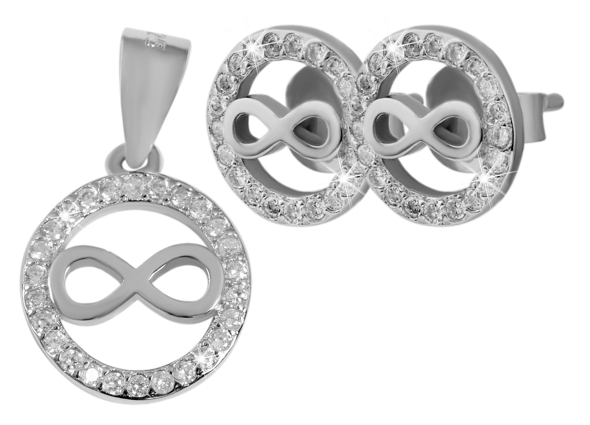"Irina" 925/- Echt Silber Schmuckset (Anhänger und Ohrstecker) - Infinity-Symbol, rhodiniert