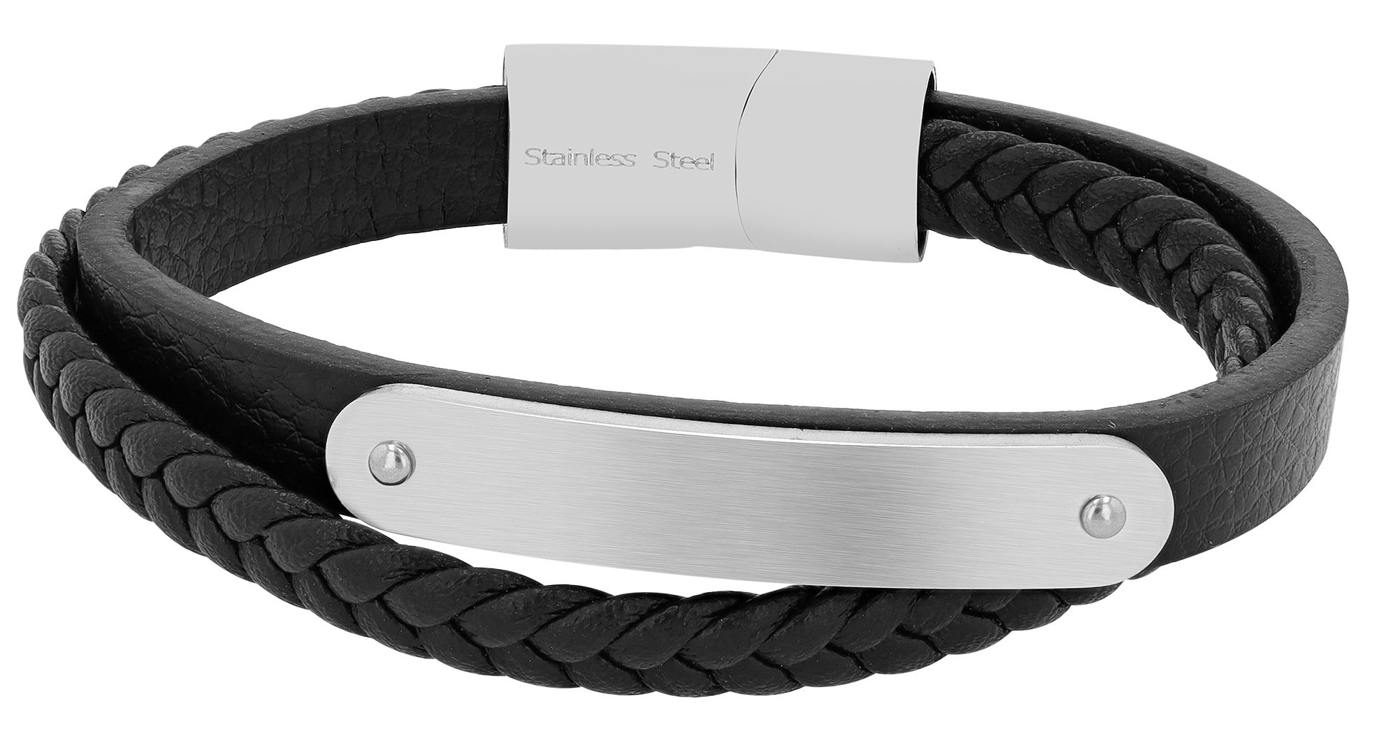 Echtleder Armband "Bruno" mit Edelstahlelementen und Gravurplatte