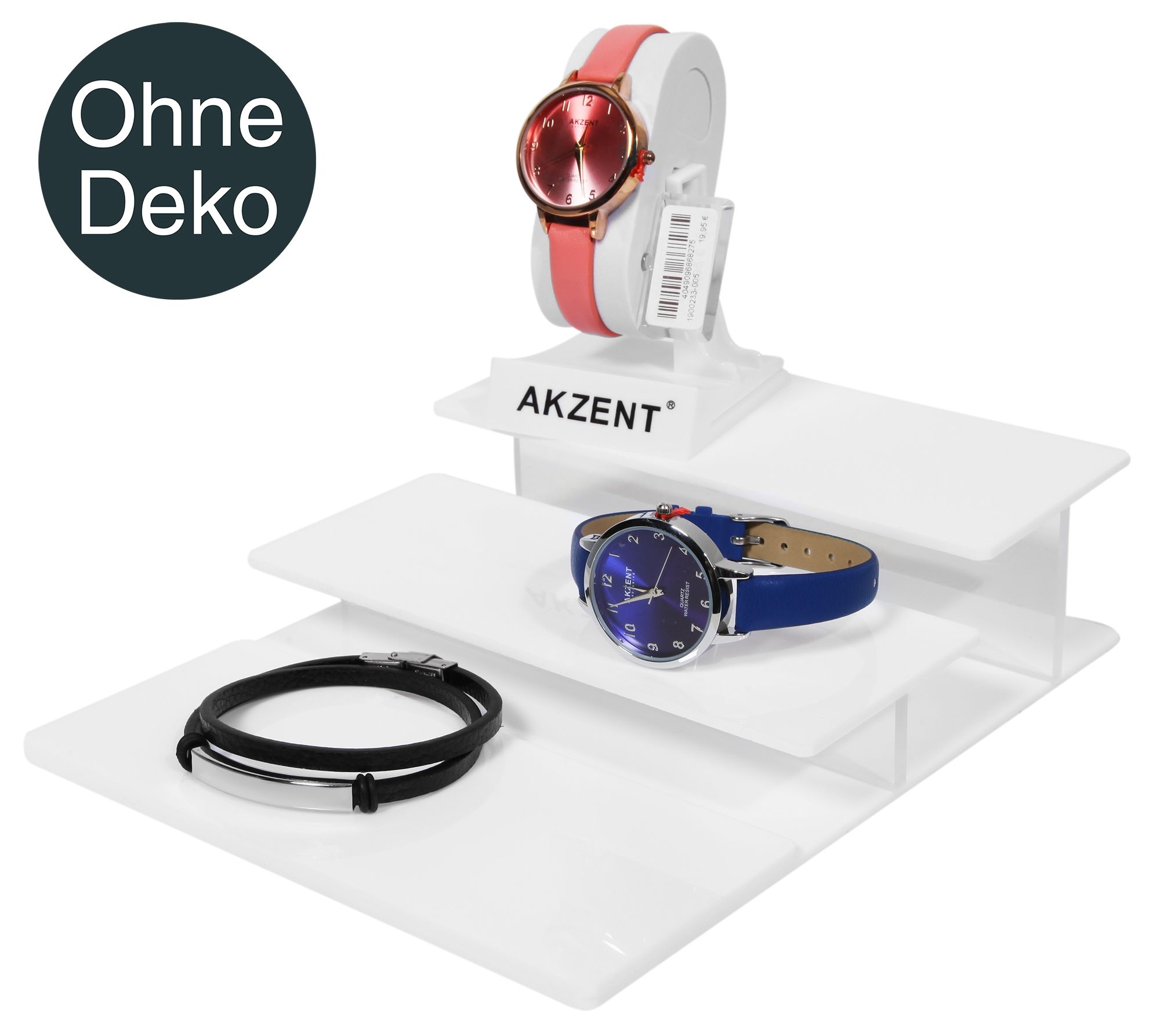 Display, kunststof, wit, drie etages, 21 cm x 17 cm x 5 cm