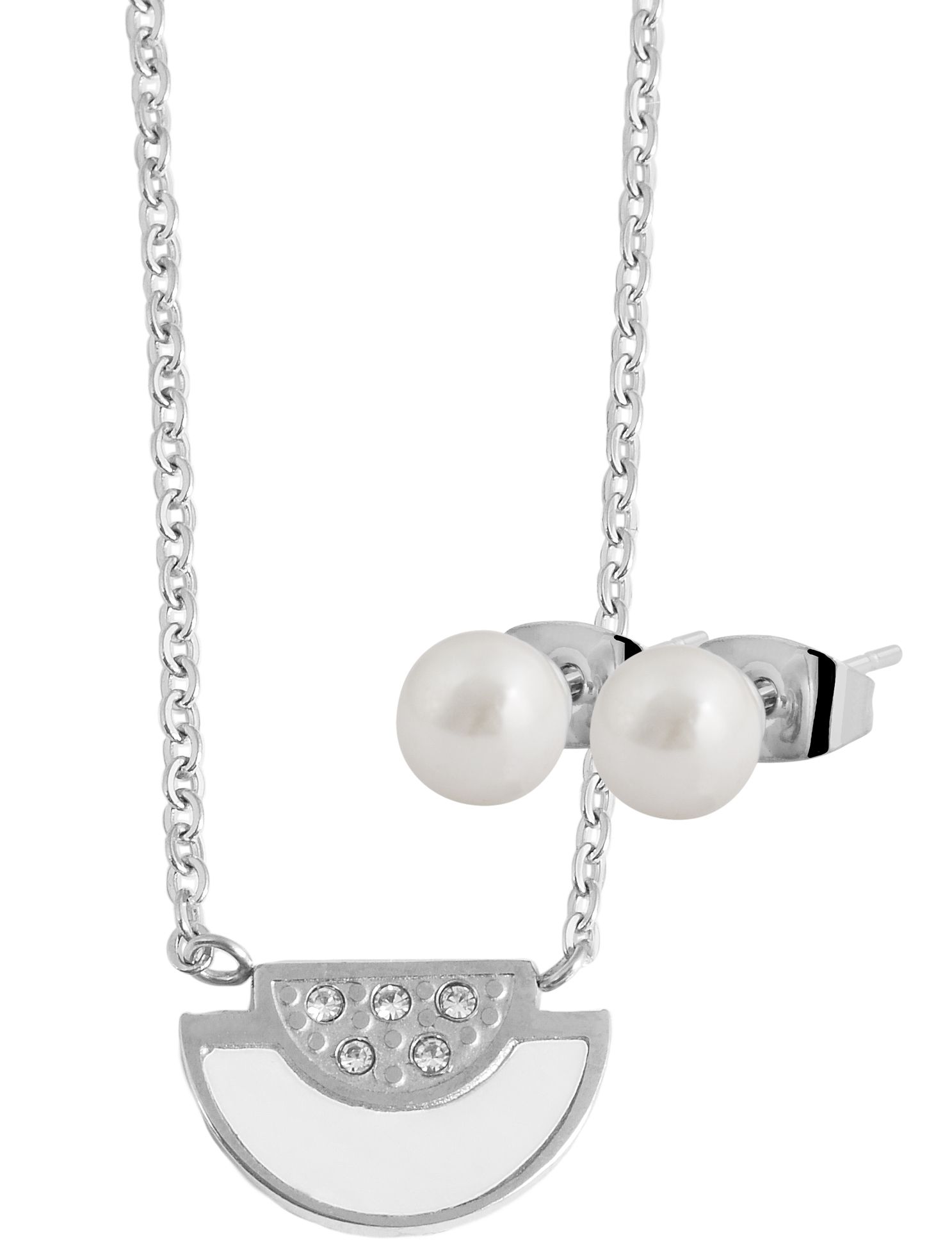 Accent sieradenset van roestvrij staal, halsketting en oorbellen met similibre afwerking, 46+5 cm, zilverkleurig