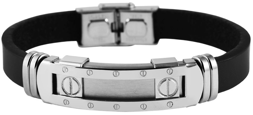 "Akun", Echlederarmband mit Gravurplatte, 22 cm, schwarz/silberfarben