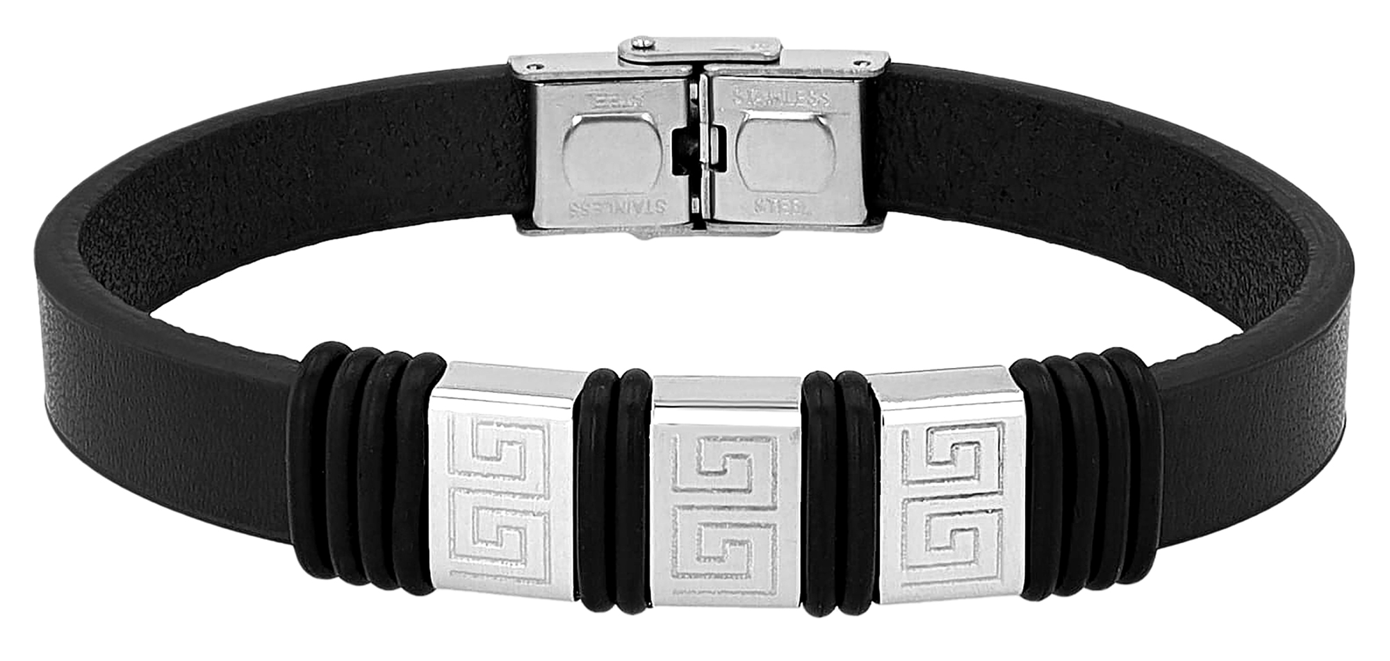 "Nadim", Akzent Armband, Echtleder & Edelstahl, Hakenverschluss, schwarz/silberfarben, 21 cm