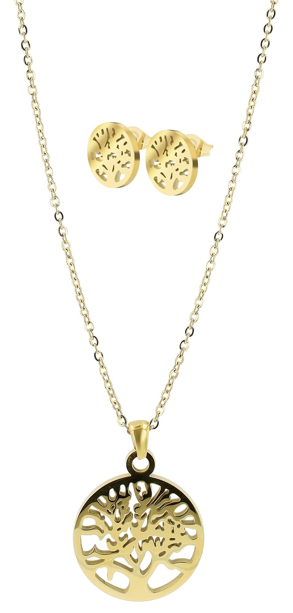 "Lanai", accent roestvrijstalen levensboom sieradenset, ketting &amp; oorbellen, goudkleurig