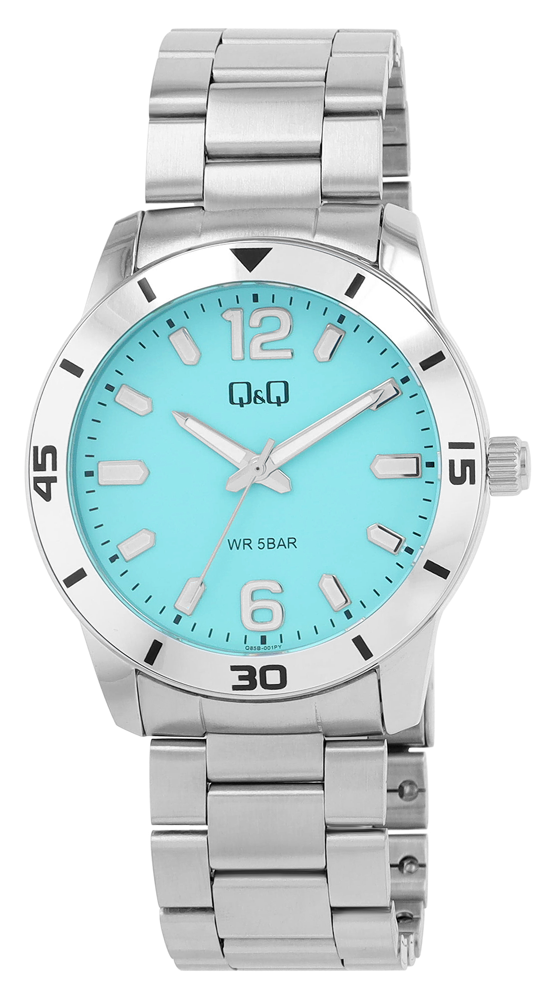 Q&Q Herrenuhr, Edelstahlgliederarmband, Faltschließe, silberfarben/türkis, 5ATM, Ø 42 mm