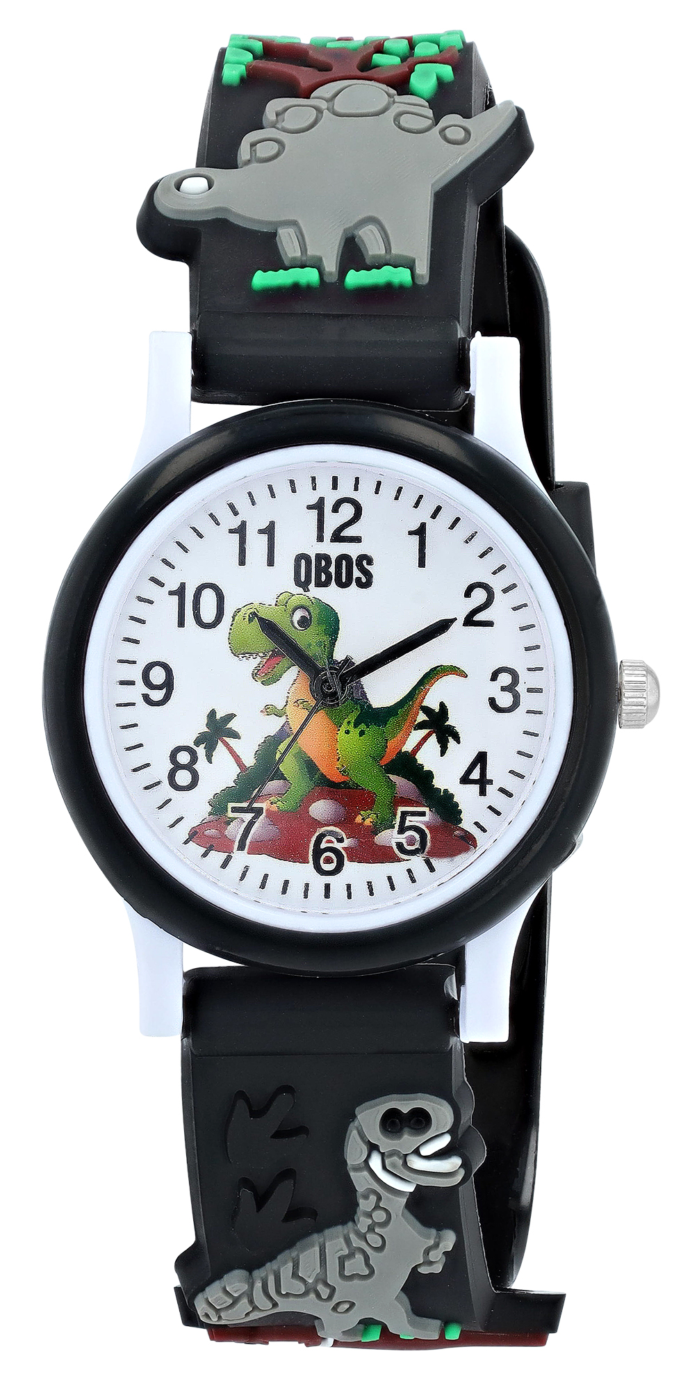QBOS Kinderuhr mit Silikonarmband, Motiv Dino, Ø 29 mm, schwarz