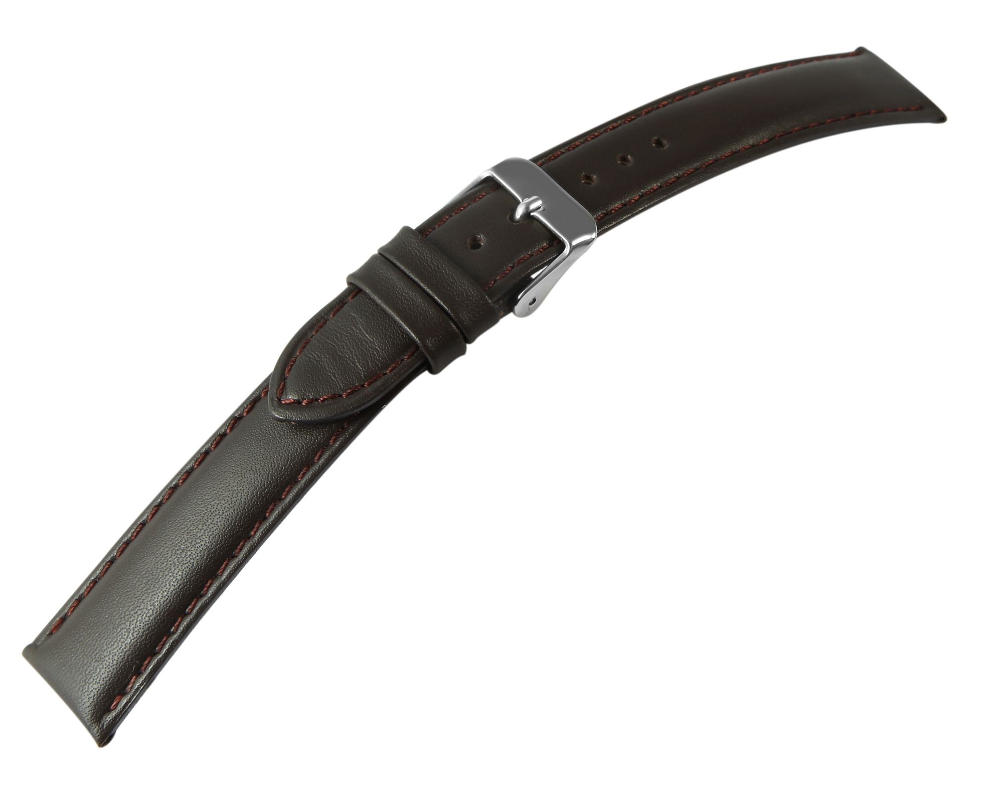 Echt lederen horlogeband met stiksels, gewatteerd, donkerbruin, 18 mm