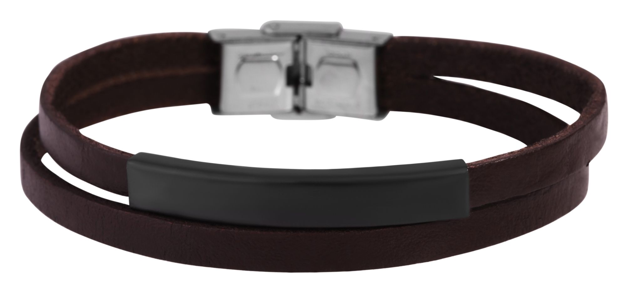 Accent echt leren band met roestvrijstalen graveerplaatje, donkerbruin/zwart