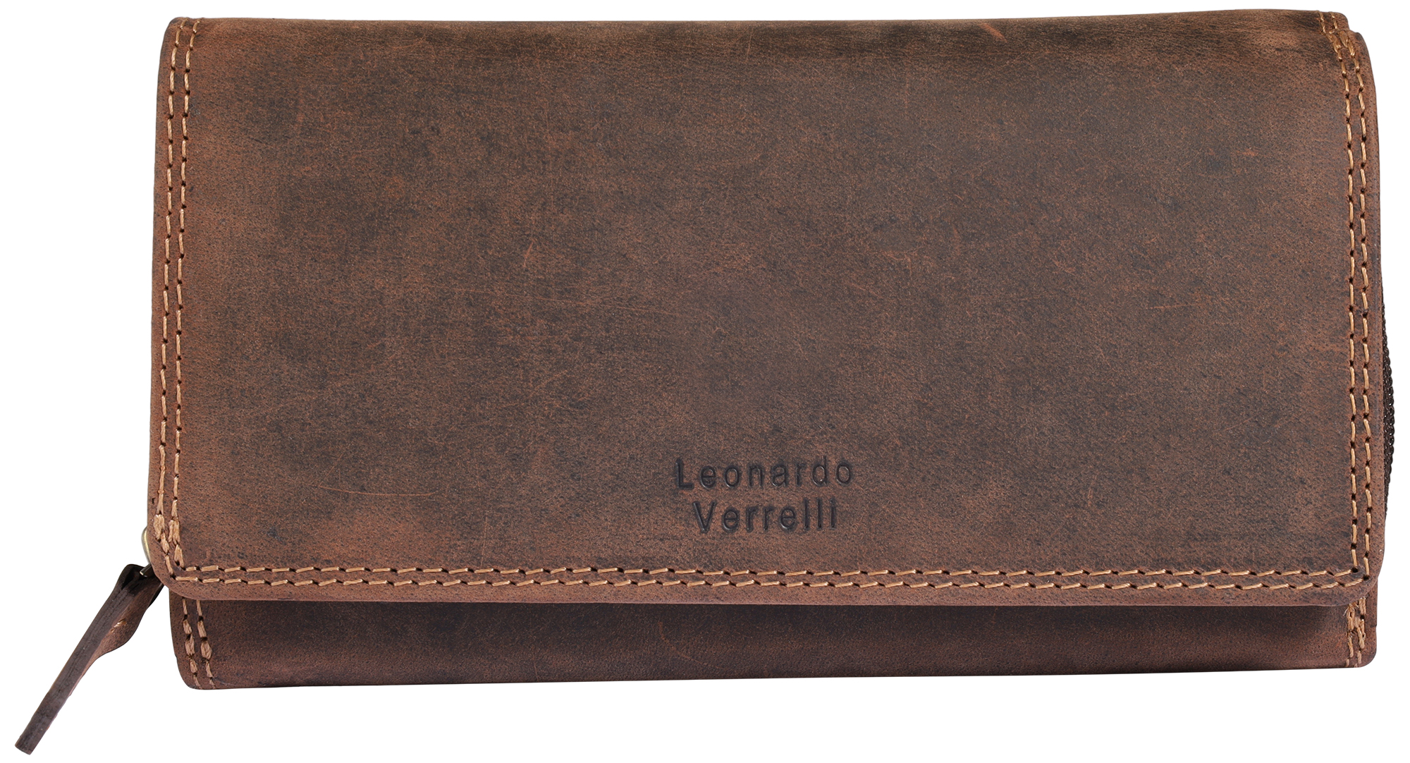 Leonardo Verrelli, Echtleder (Vintage) Damen Geldbörse, länglich & RFID, dunkelbraun