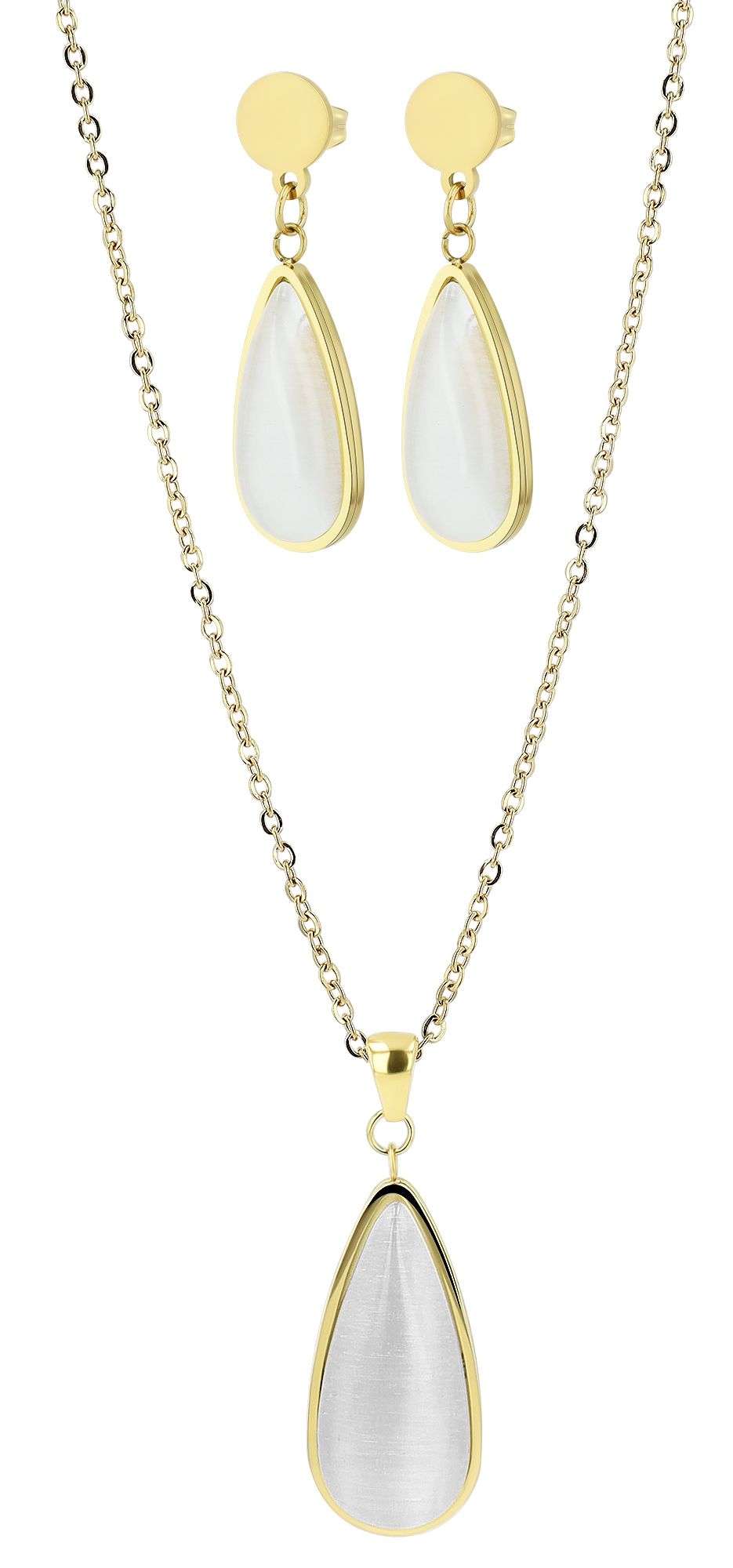 "Thalia", Akzent Edelstahl Schmuckset mit Katzenauge, Halskette und Ohrhänger, goldfarben