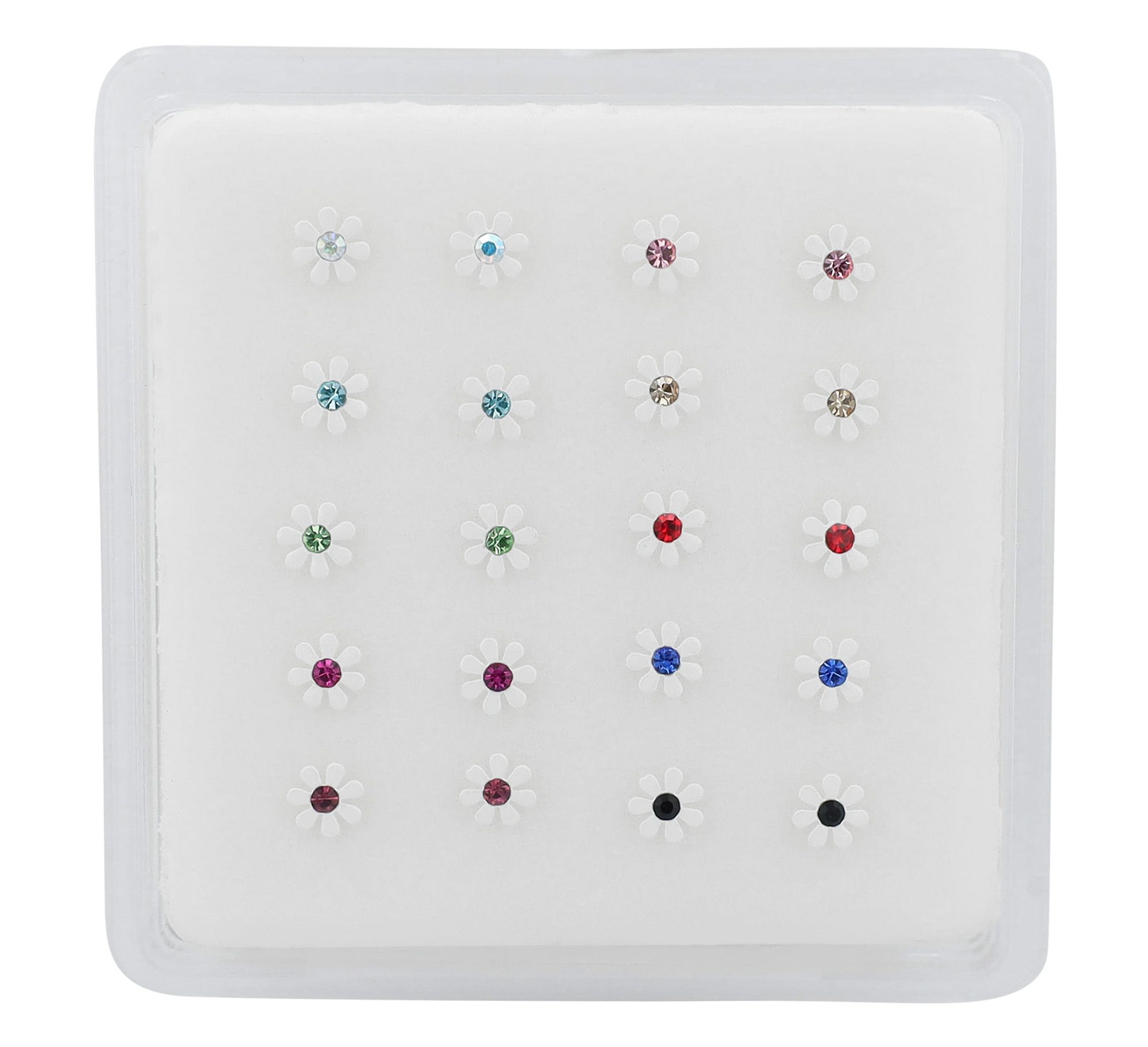 "Volimira" I-förmiger Nasenstecker/ Nasenpiercing , 925/- Echt Silber, rhodiniert, Blüte weiß/ bunt, VE-20 Stück