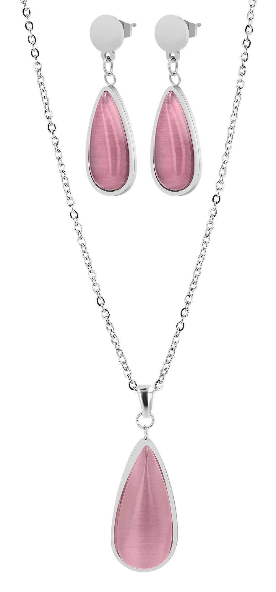 Accent sieradenset "Malike" van roestvrij staal met tijgeroog, ketting &amp; oorbellen, zilverkleurig