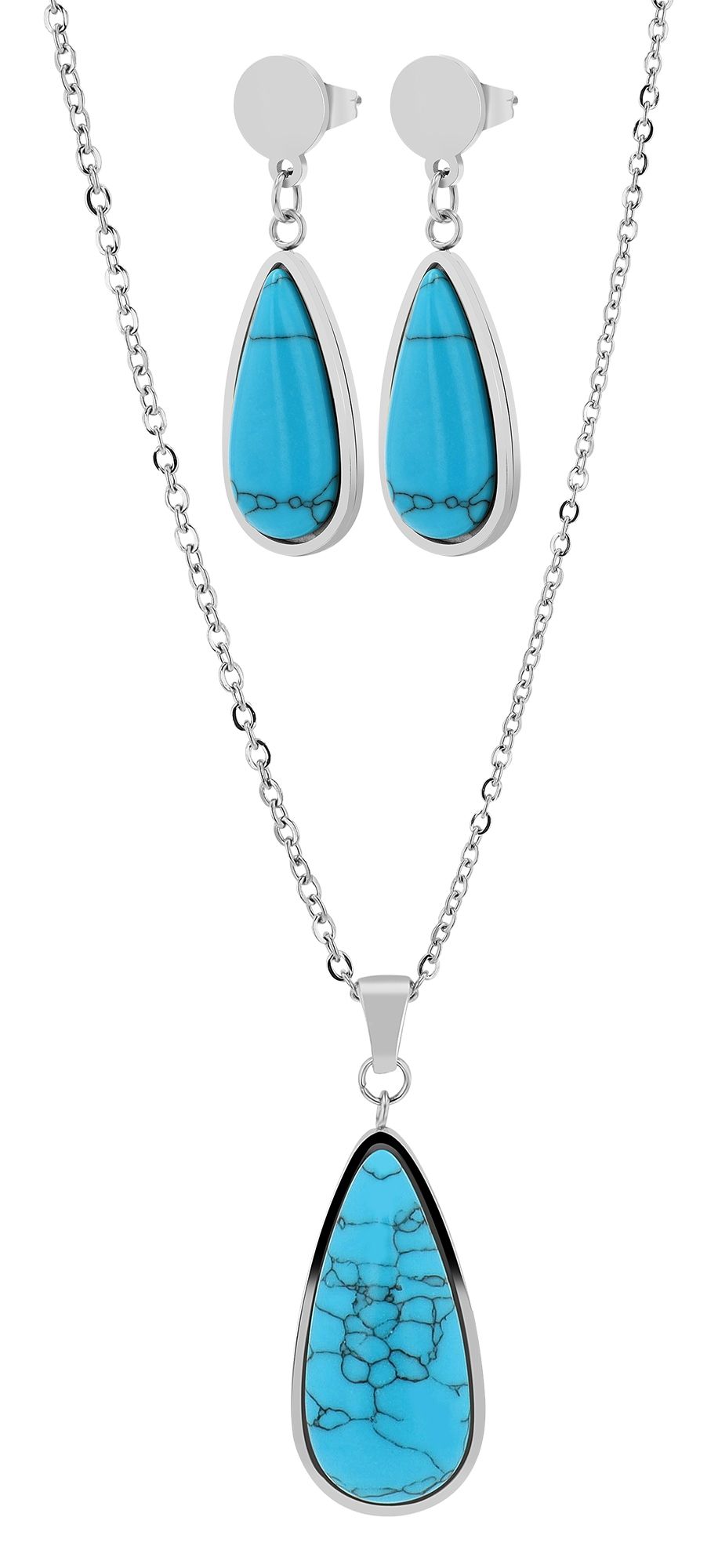 "Mali", accent stainless steel sieradenset met turkoois, ketting en oorbellen, zilverkleurig