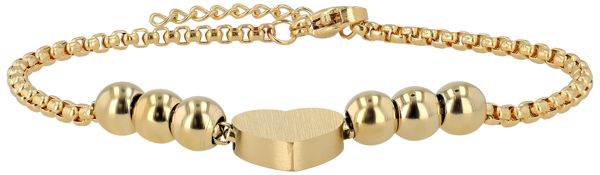 "Hilla", Akzent Armband, Edelstahl, Kugeln & Herz, poliert/mattiert, goldfarben, 17 + 3 cm