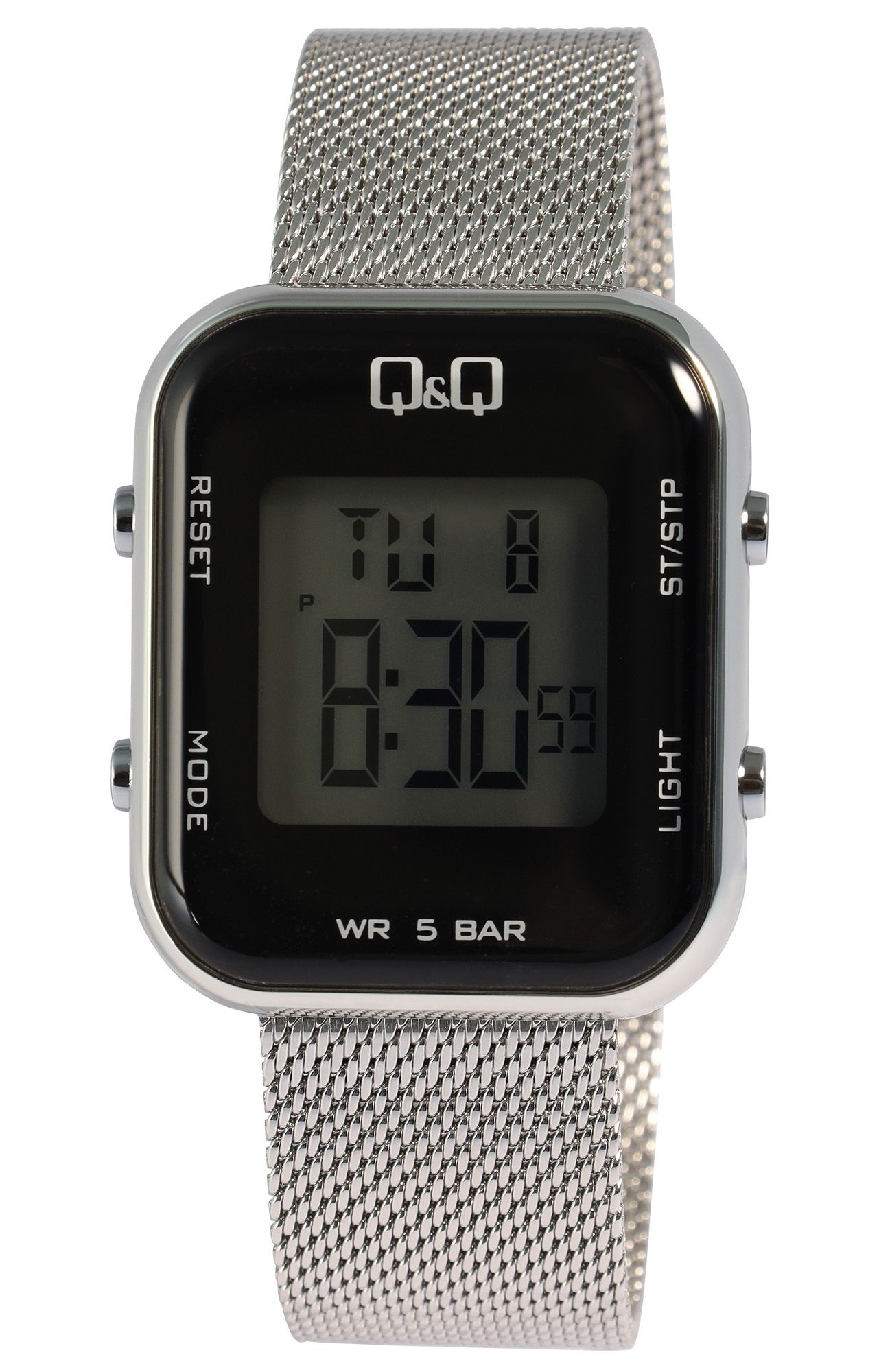 Q&amp;Q digitaal dameshorloge met mesh band, dual time, 5 ATM, zilverkleurig