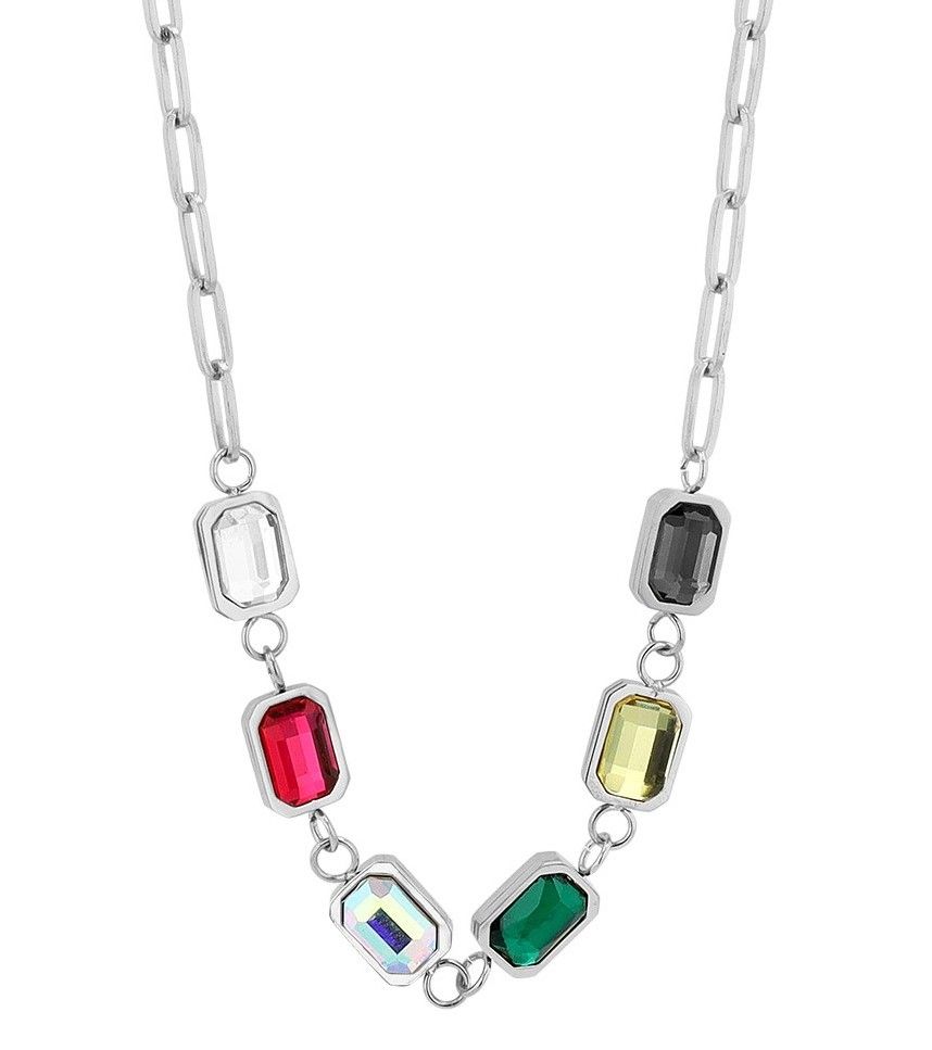 "Defne" roestvrij stalen collier met hanger, gekleurde zirkonia stenen, 44+5cm, zilverkleurig en goudkleurig