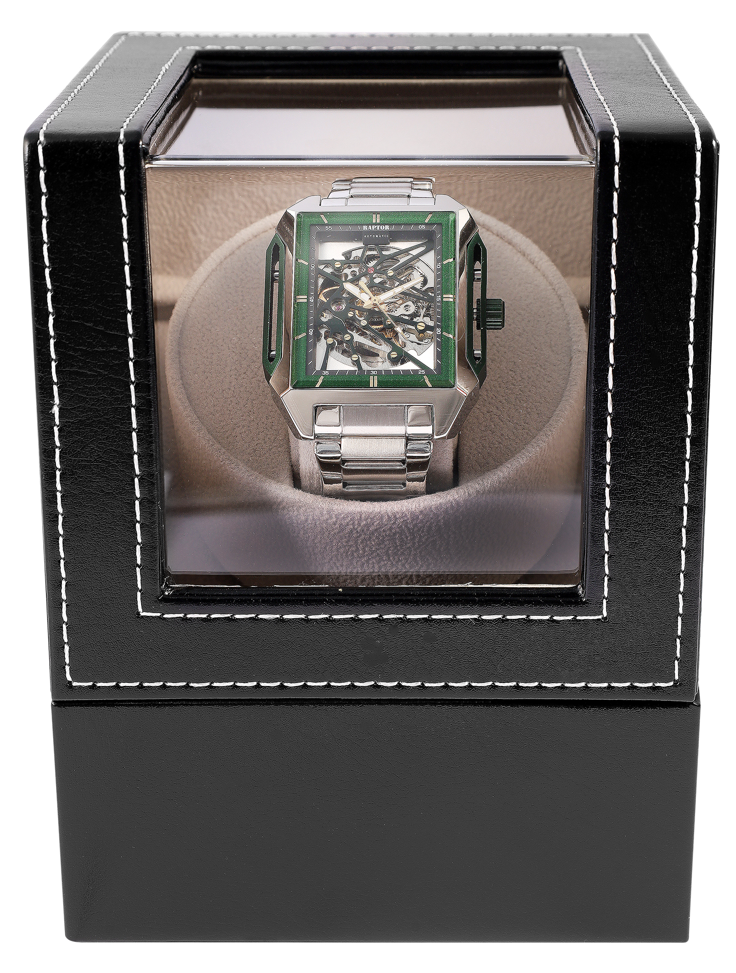 Automatische horlogeopwinder voor 1 horloge, werkt op netvoeding/batterij, kunstleer