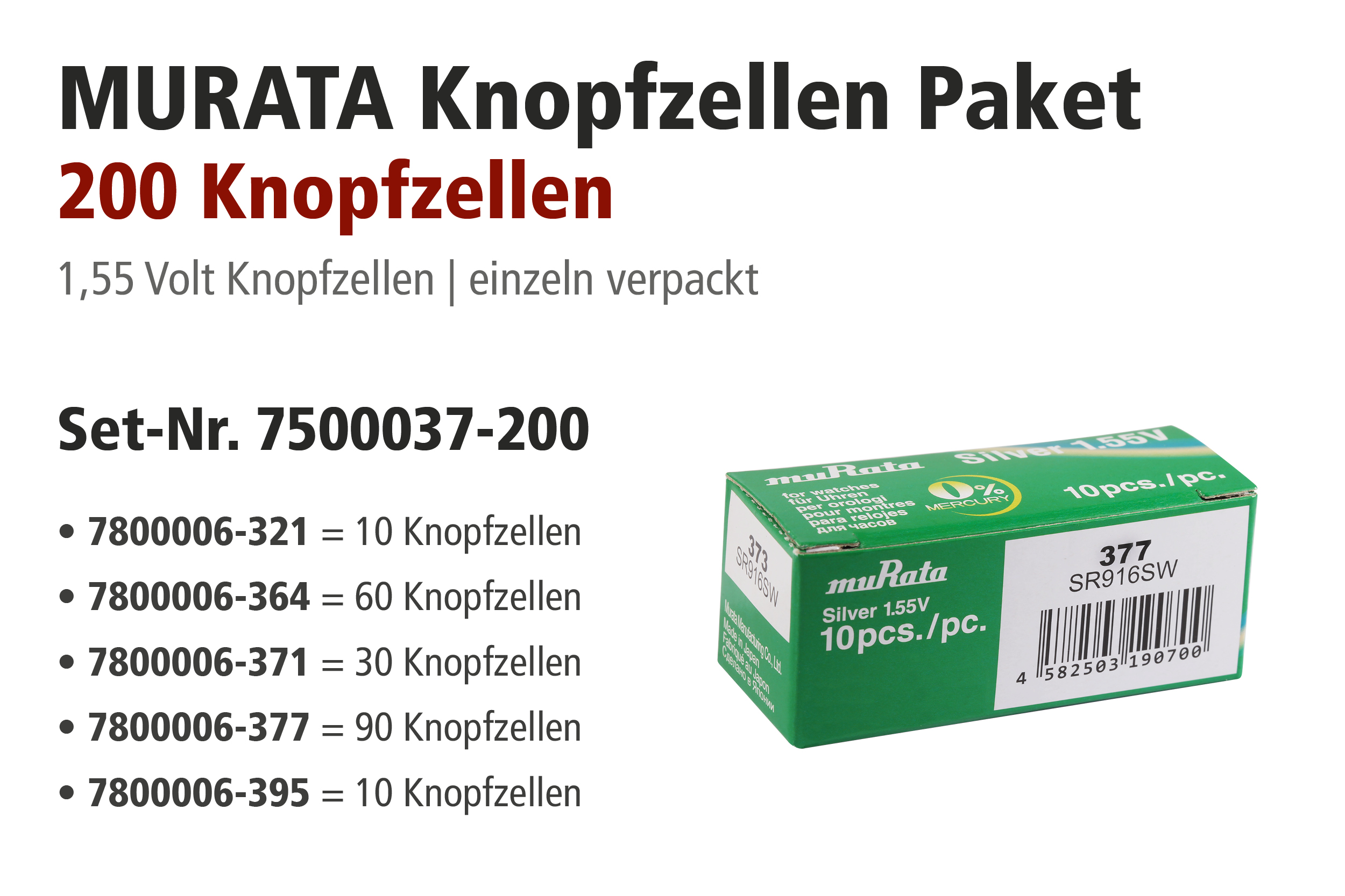 MURATA promotiepakken, 200 batterijen, 321, 364, 371, 377, 395 assorti