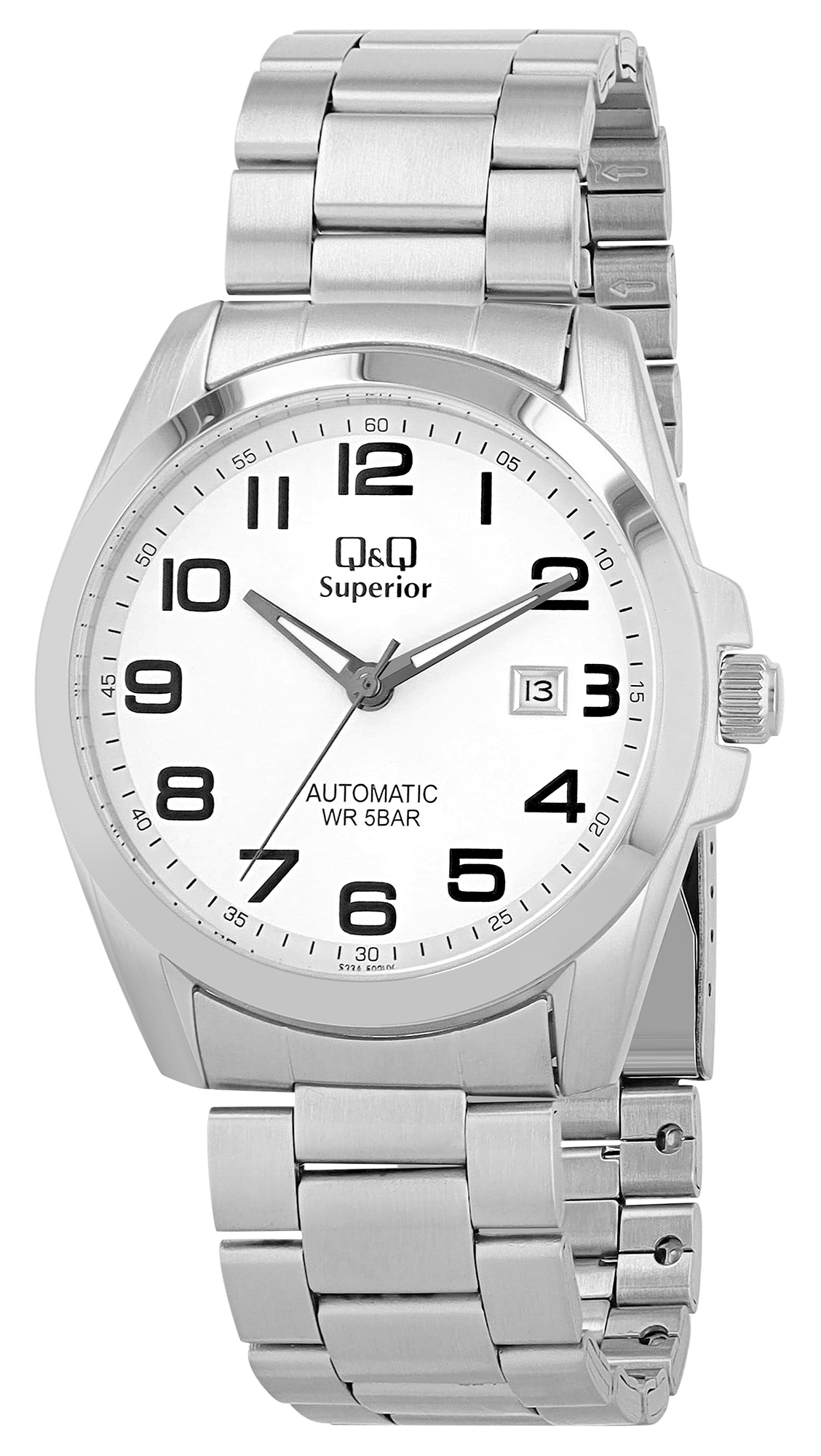 Q&amp;Q automatisch herenhorloge, roestvrij staal, zilverkleurig/wit, 5 ATM, Ø 42 mm
