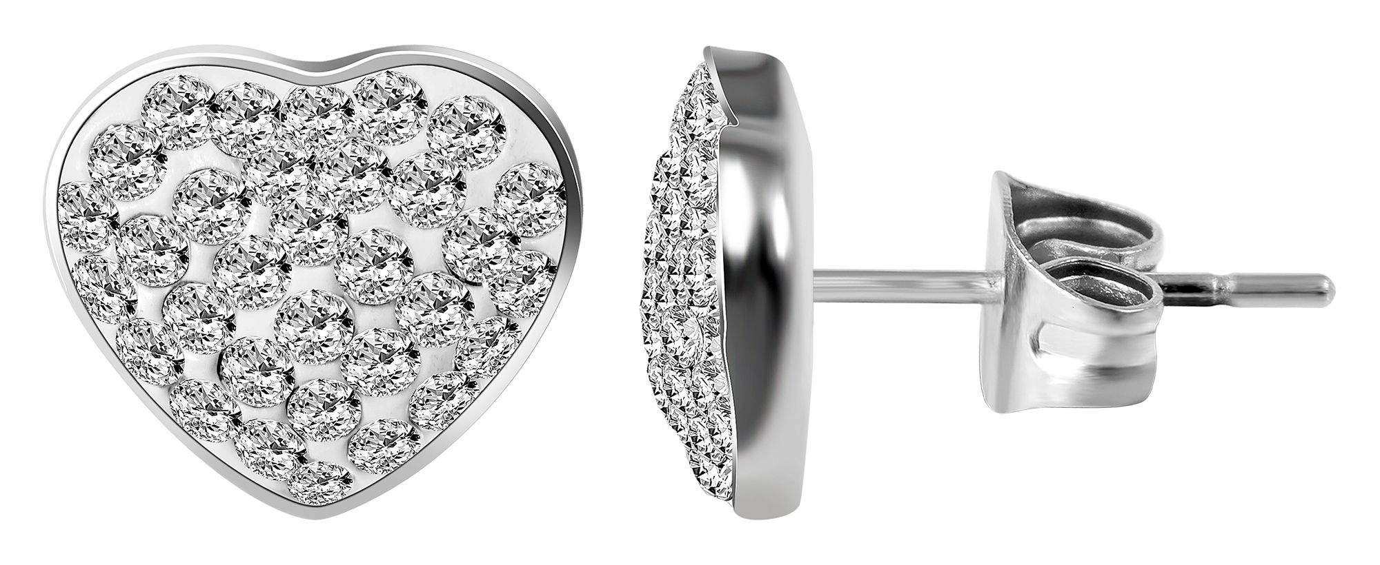 Accent stainless steel oorbellen hart met 58 zirkonia steentjes, zilverkleurig