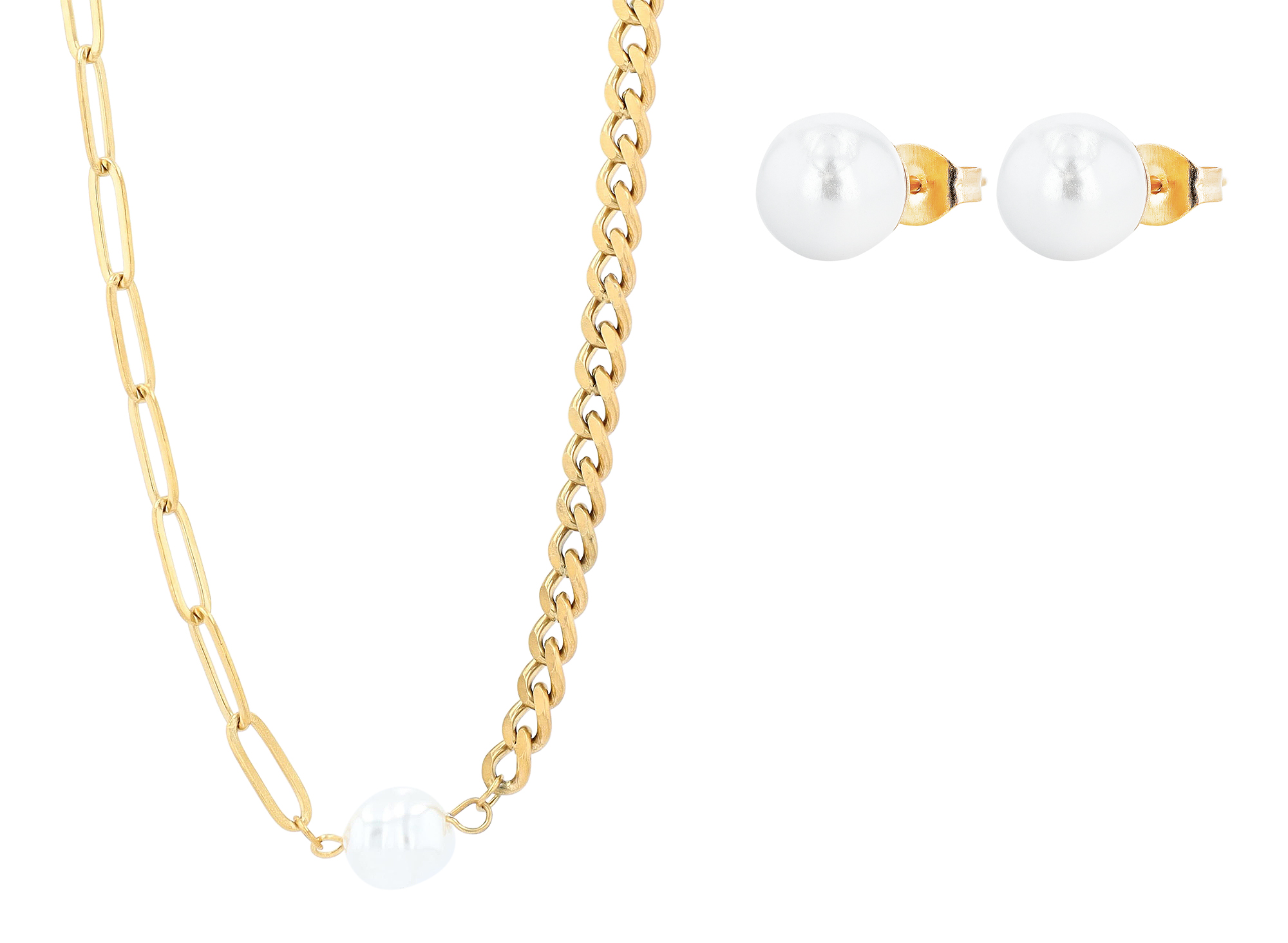 "Leonor" Schmuckset - Duo Kette 45 cm/ Perlen Ohrstecker, Edelstahl, goldfarben