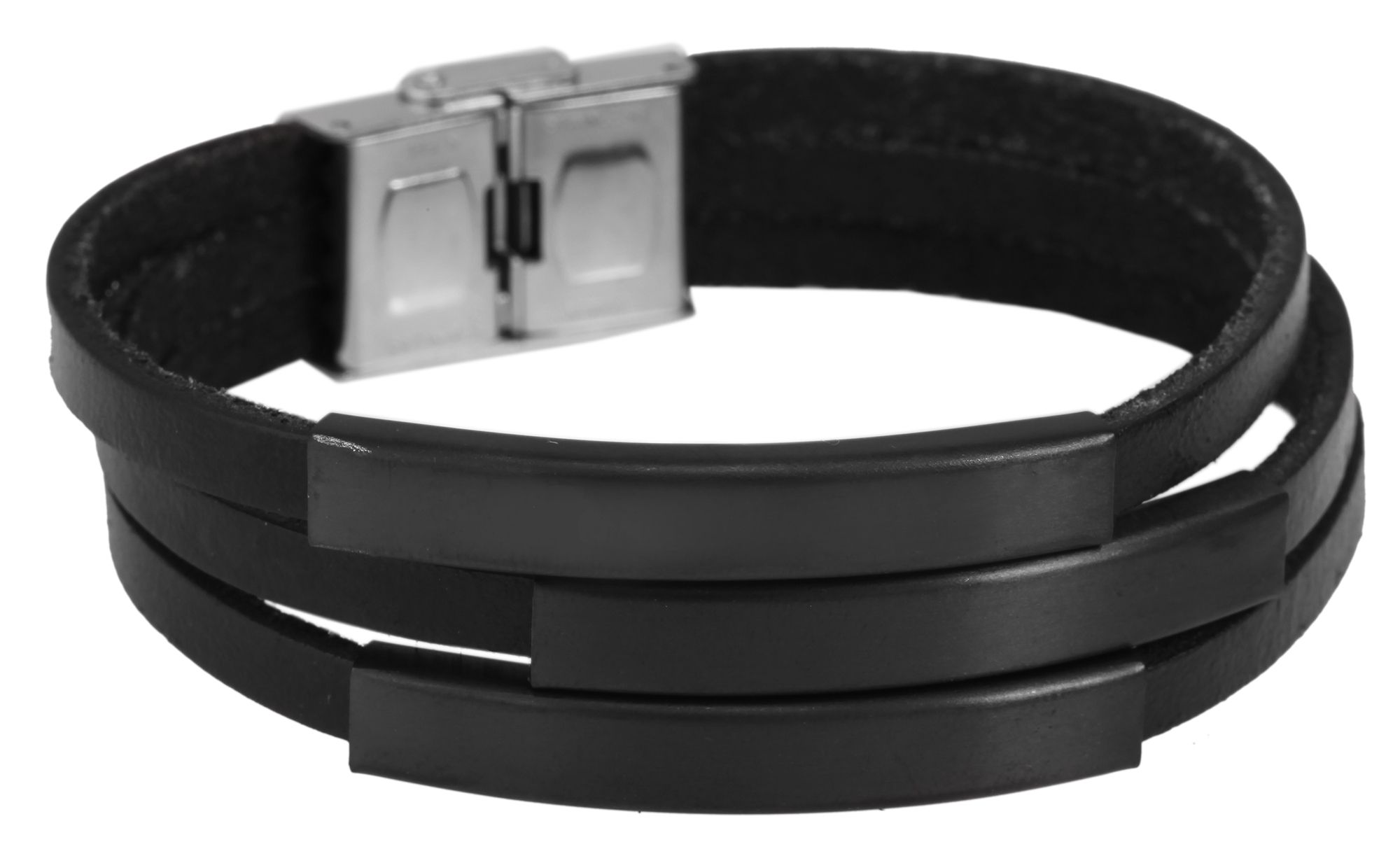 Akzent Echtlederarmband, dreireihig mit Gravurplatten, schwarz/schwarz