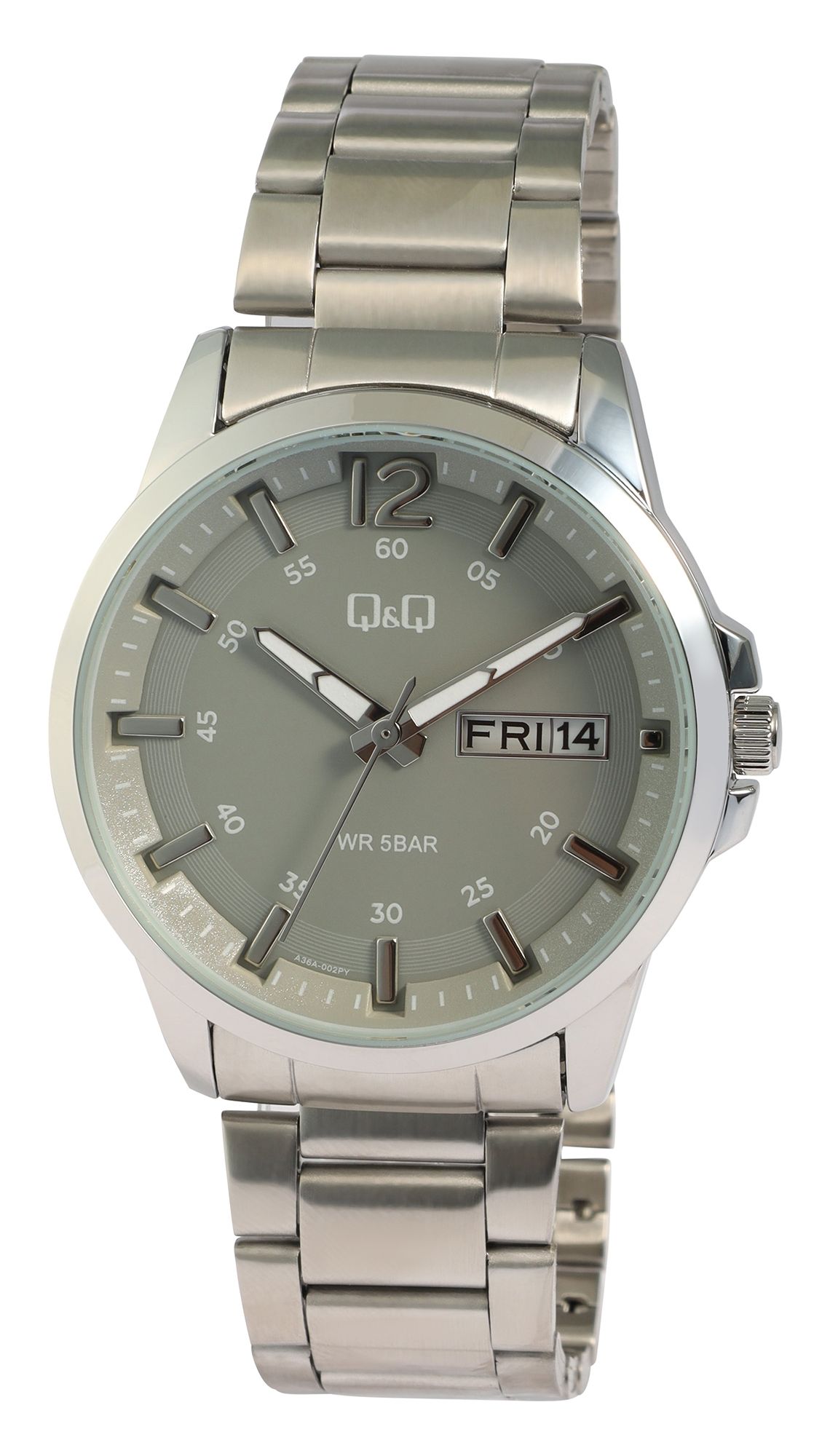 Q&amp;Q herenhorloge met roestvrijstalen armband, 5 ATM, Spaanse en Engelse weekdag- en datumweergave, zilver/ZB-grijs