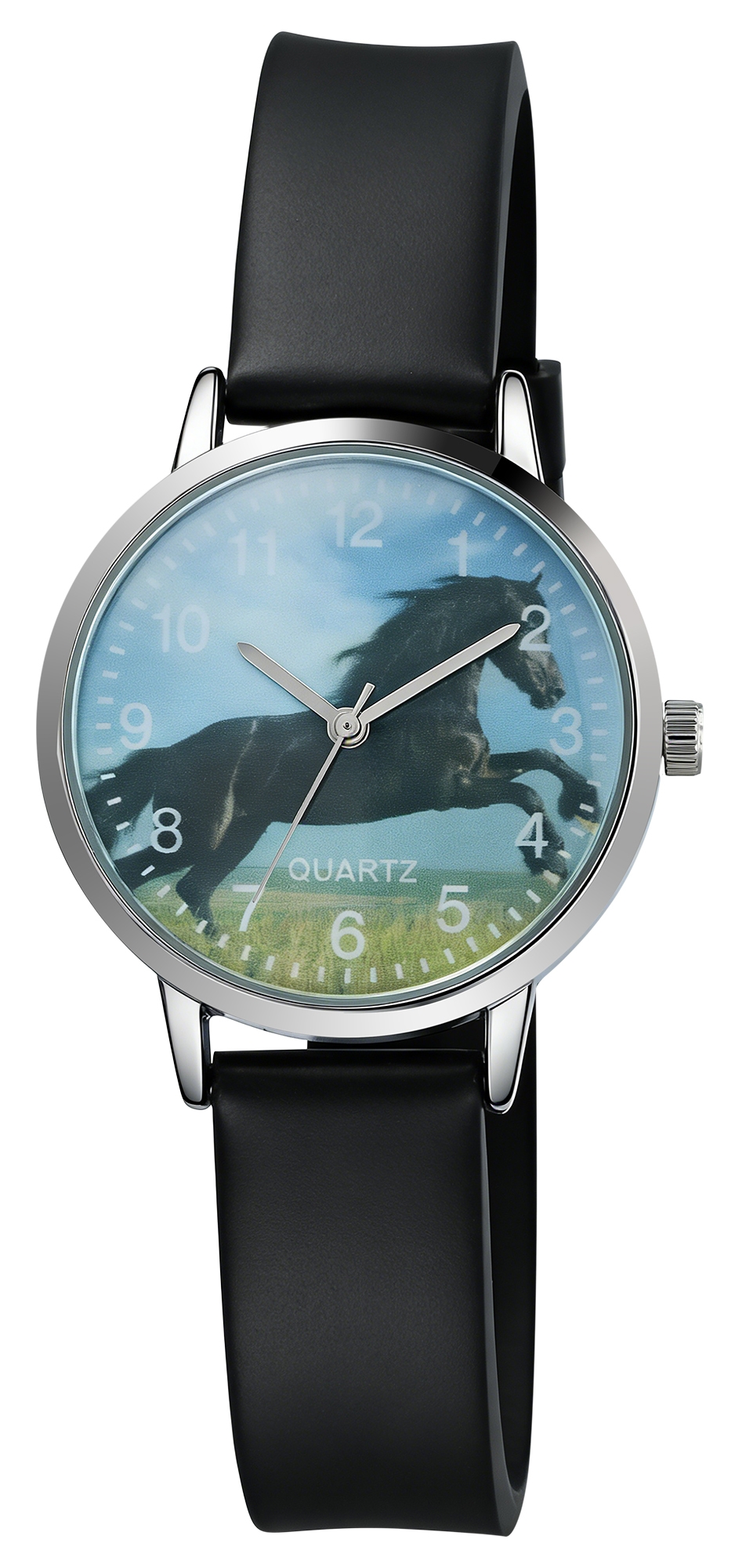 Excellanc Damenuhr/ Jugenduhr "Pferd“ Ø 32 mm, schwarzes Silikonband