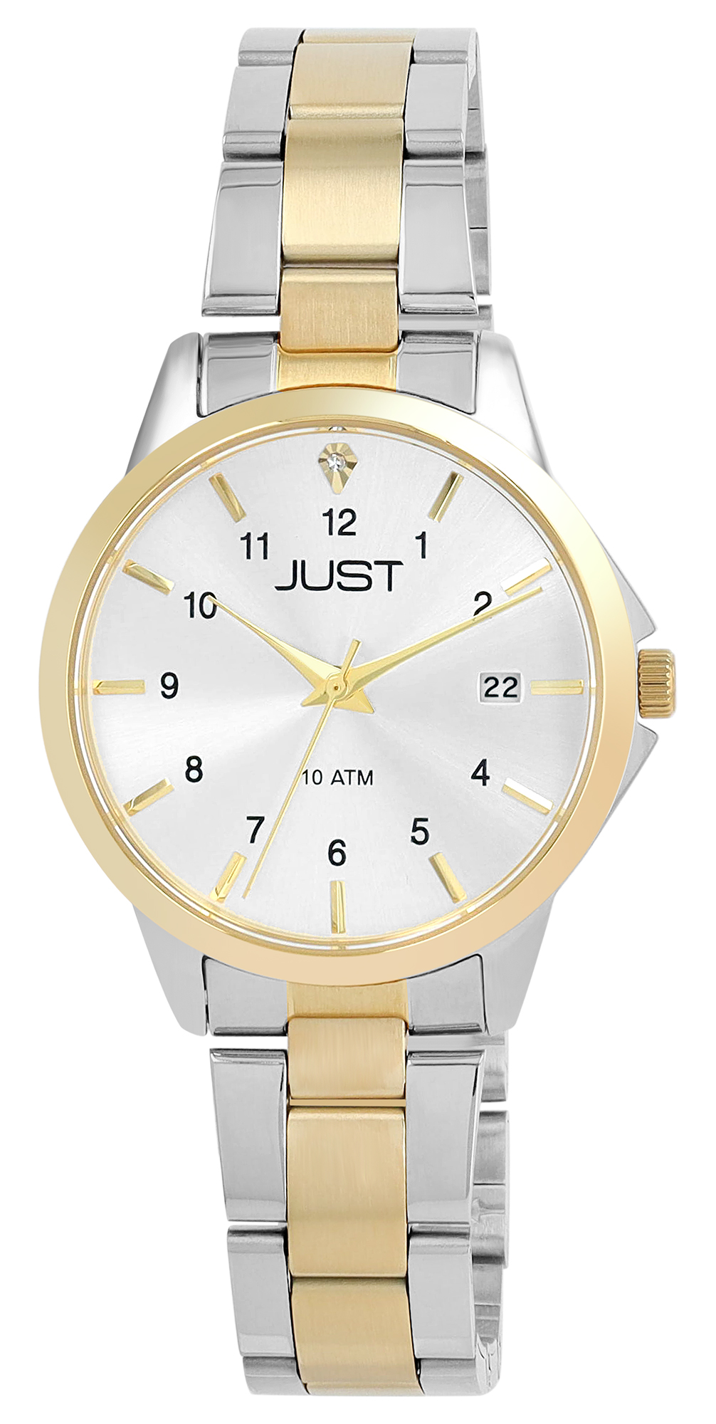 JUST Damenuhr "Amely" mit Edelstahlarmband, Ø 34 mm, 10ATM, bicolor (silberfarben/ goldfarben)/ silberfarben