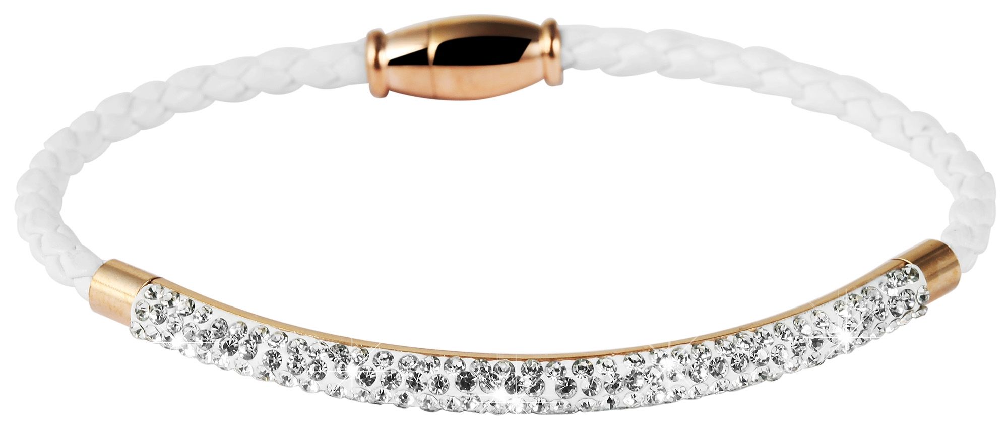 Accent armband van gevlochten imitatieleer en roestvrij stalen elementen, Similib afwerking, wit/rosegoudkleurig