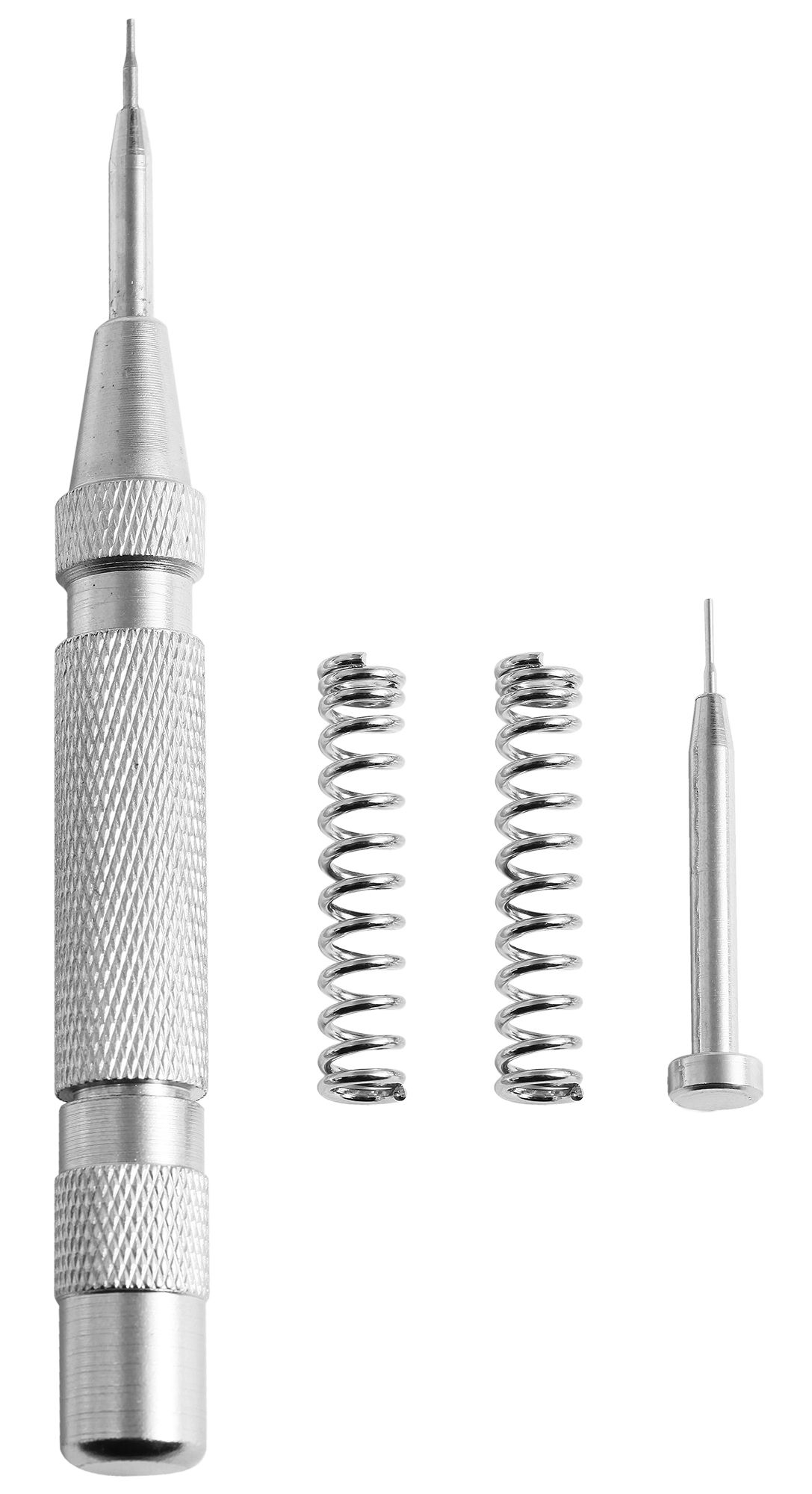 Armbandverkorter, vervangend uiteinde en twee vervangingsveren, metaal, zilverkleurig