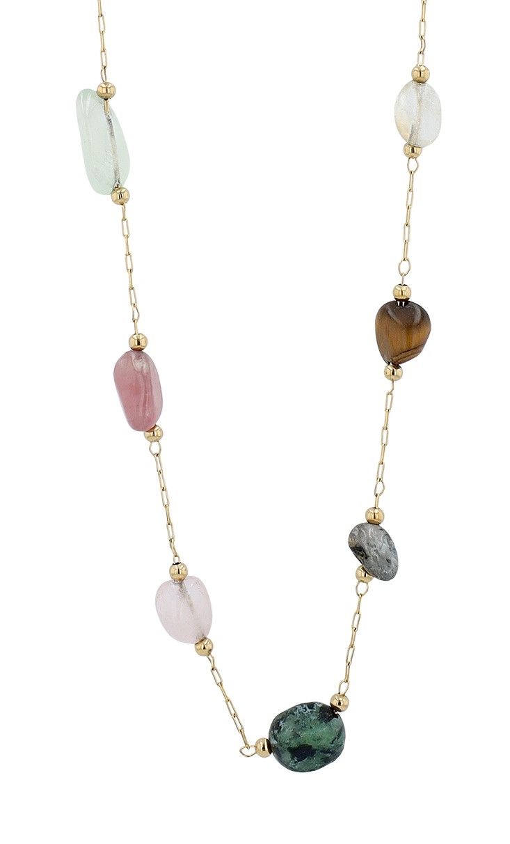 "Berna" Edelstahlkette mit farbigen Natursteinen, goldfarben
