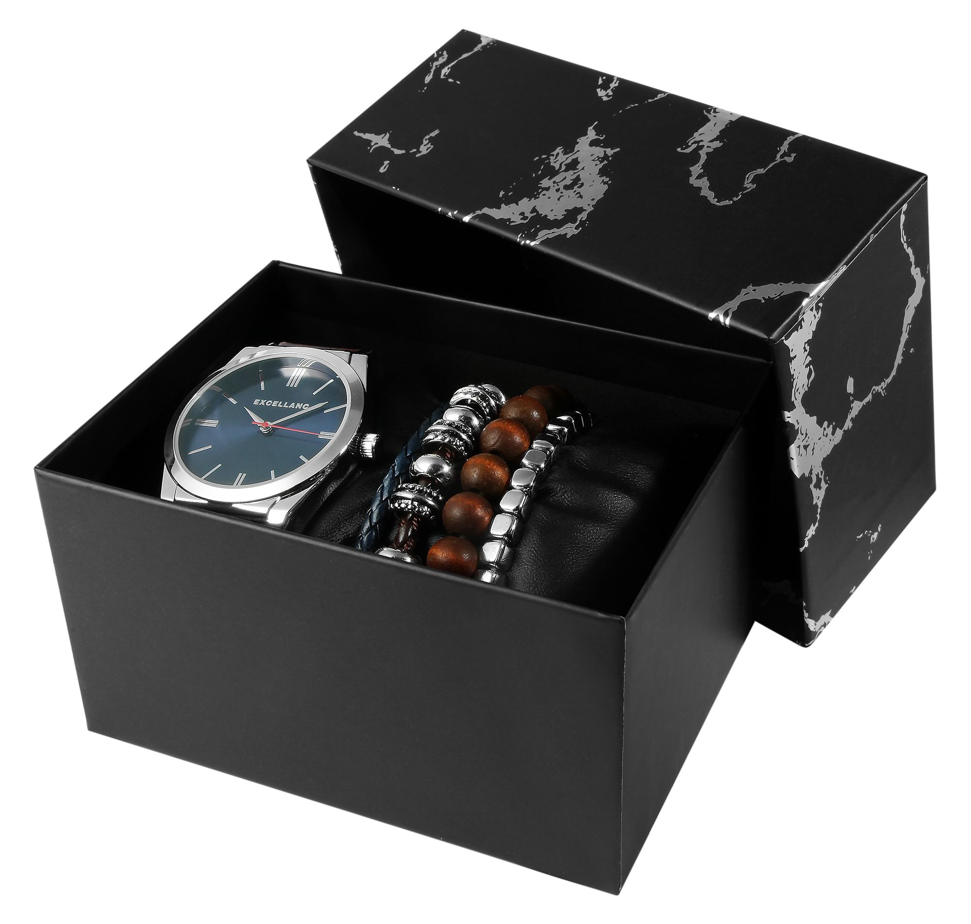 Excellanc Geschenkset mit Herrenarmbanduhr und vier Armbändern, braun/blau