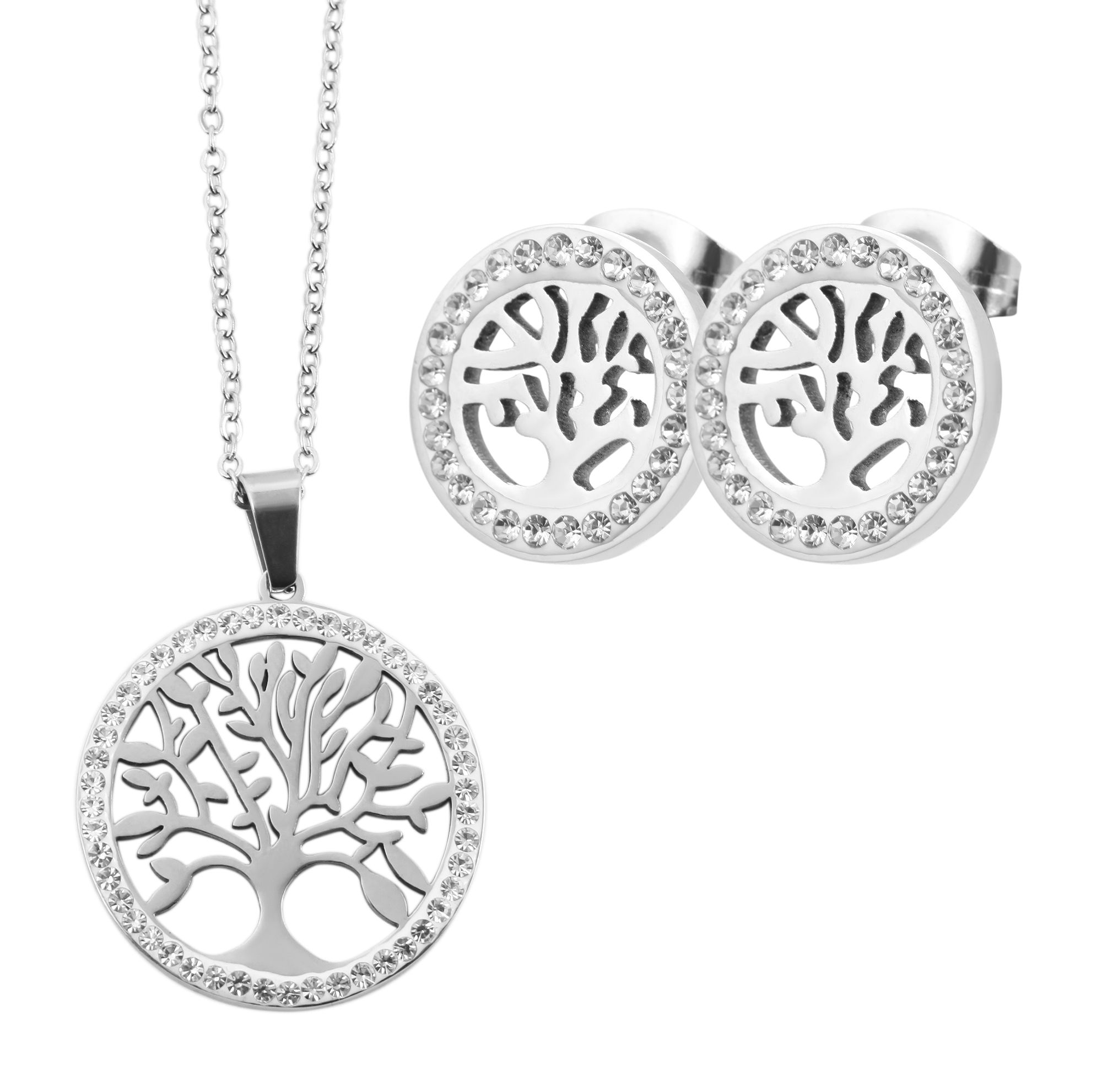 "Inna" Schmuckset (Kette 45 cm & Ohrringen), Edelstahl, Lebensbaum, silberfarben