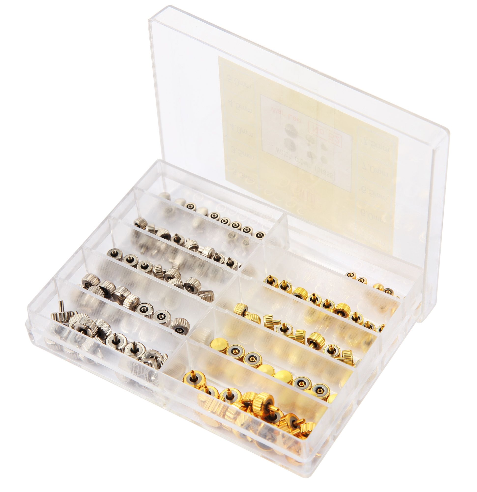 Assortiment roestvrijstalen horlogekronen, zilver- en goudkleurig