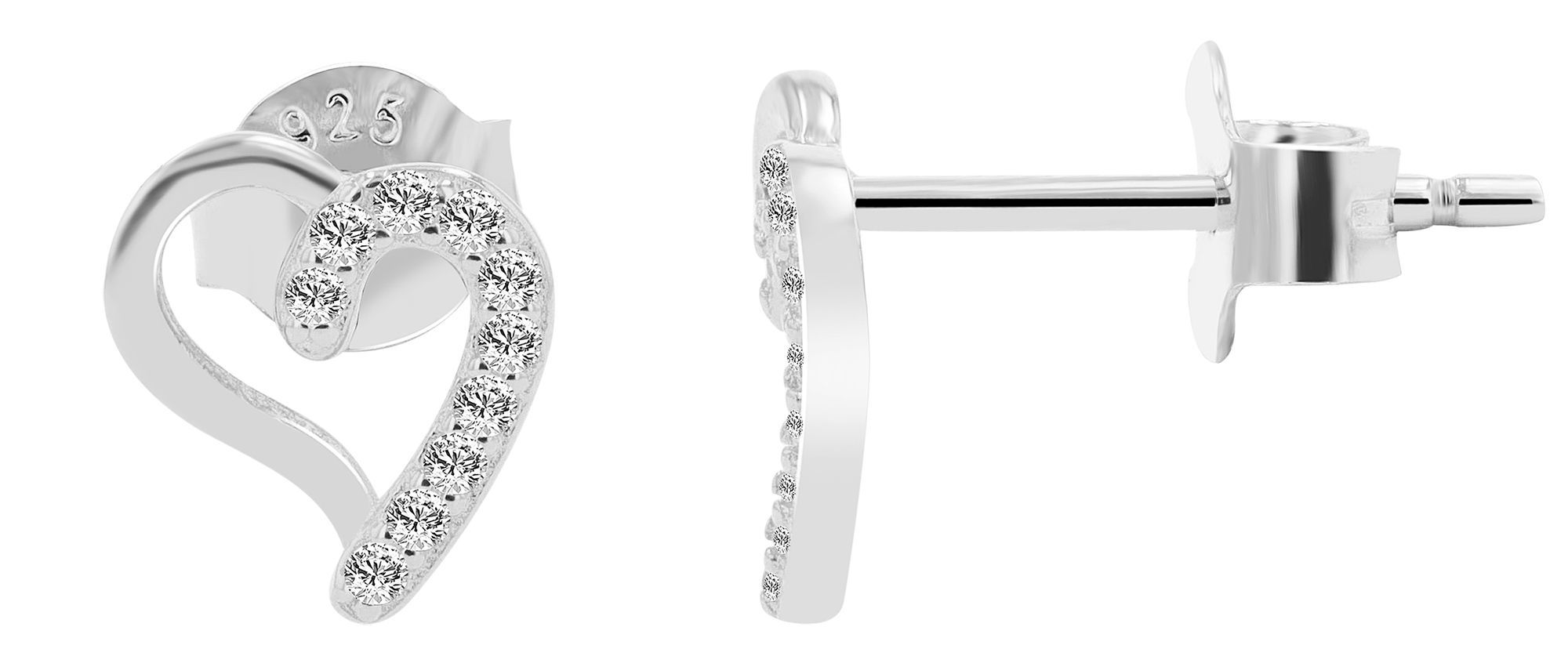 "Eirlys" 925/- Echt Silber Ohrstecker, Herz mit Zirkoniabesatz, silberfarben/ rhodiniert