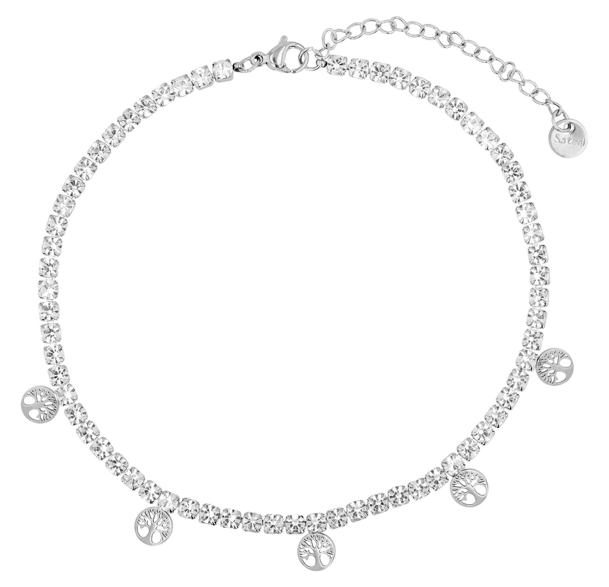 Akzent tennis enkelband "Fidelia", roestvrij staal &amp; simili met levensboom hanger, zilverkleurig