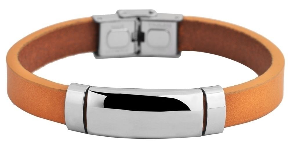 Akzent Echtlederarmband mit Edelstahlgravurplatte, hellbraun/silberfarben