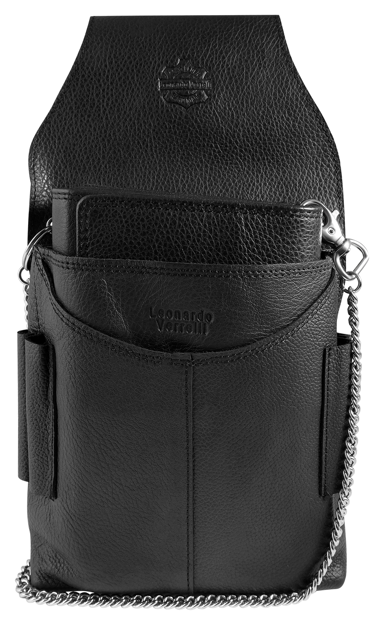 Leonardo Verrelli, Echtleder Kellner-Geldbörse, mit Tasche u. Kette, Druckknopf-Verschluss, groß, schwarz