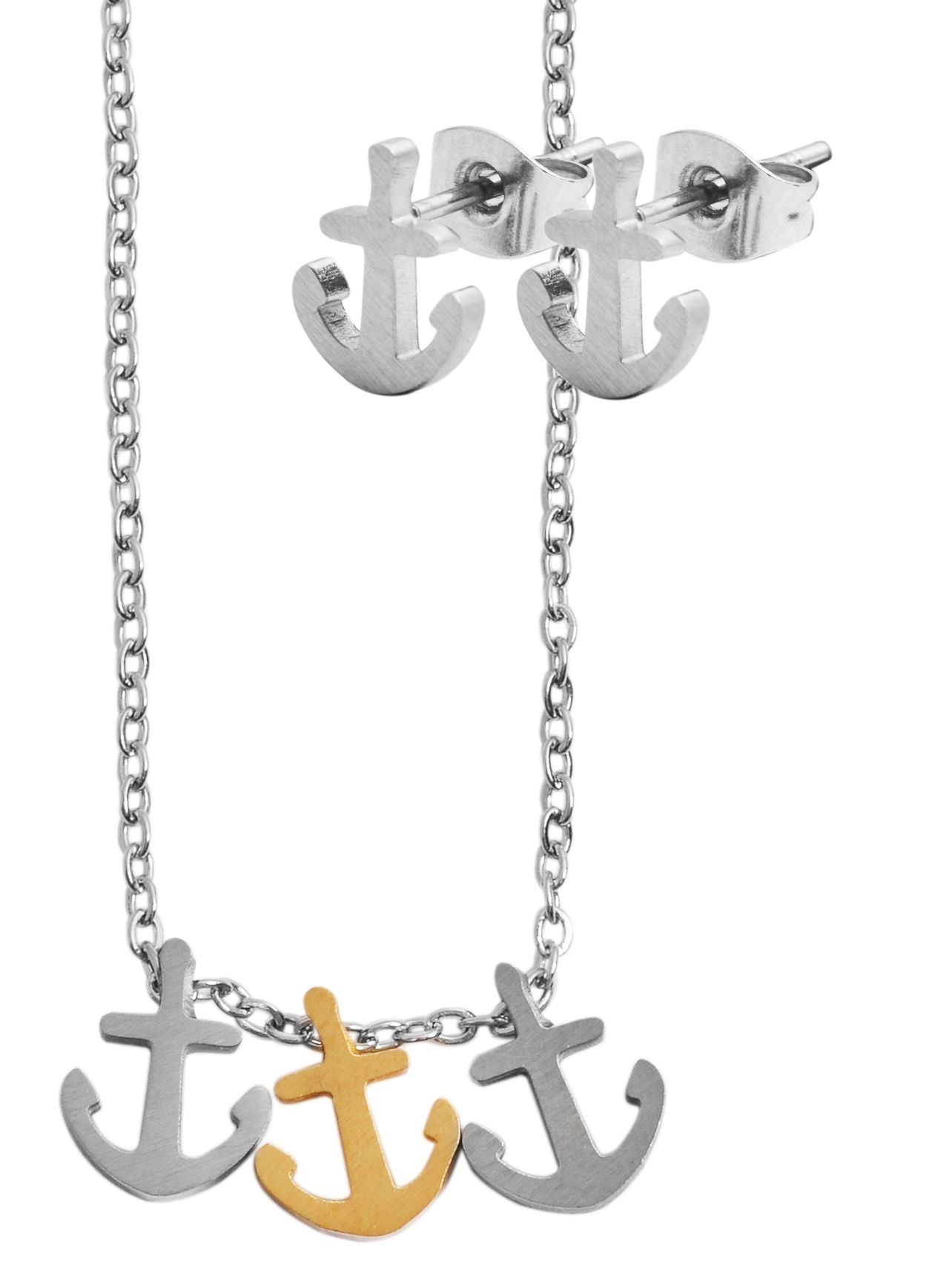Accent roestvrijstalen sieradenset halsketting + oorstekers, zilver-&amp; goudkleurig