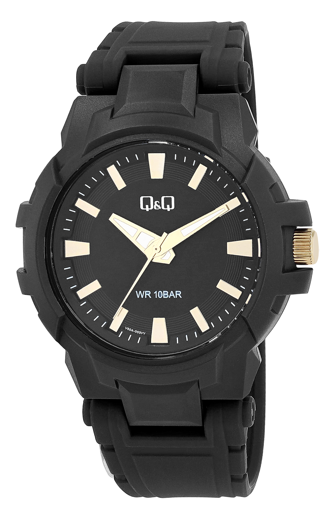 Q&Q Herrenuhr, Kunststoff, Silikonband, Ø 44 mm, schwarz (goldfarben)