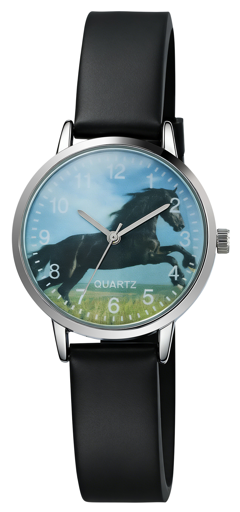 Excellanc Damenuhr/ Jugenduhr "Pferd“ Ø 32 mm, schwarzes Silikonband