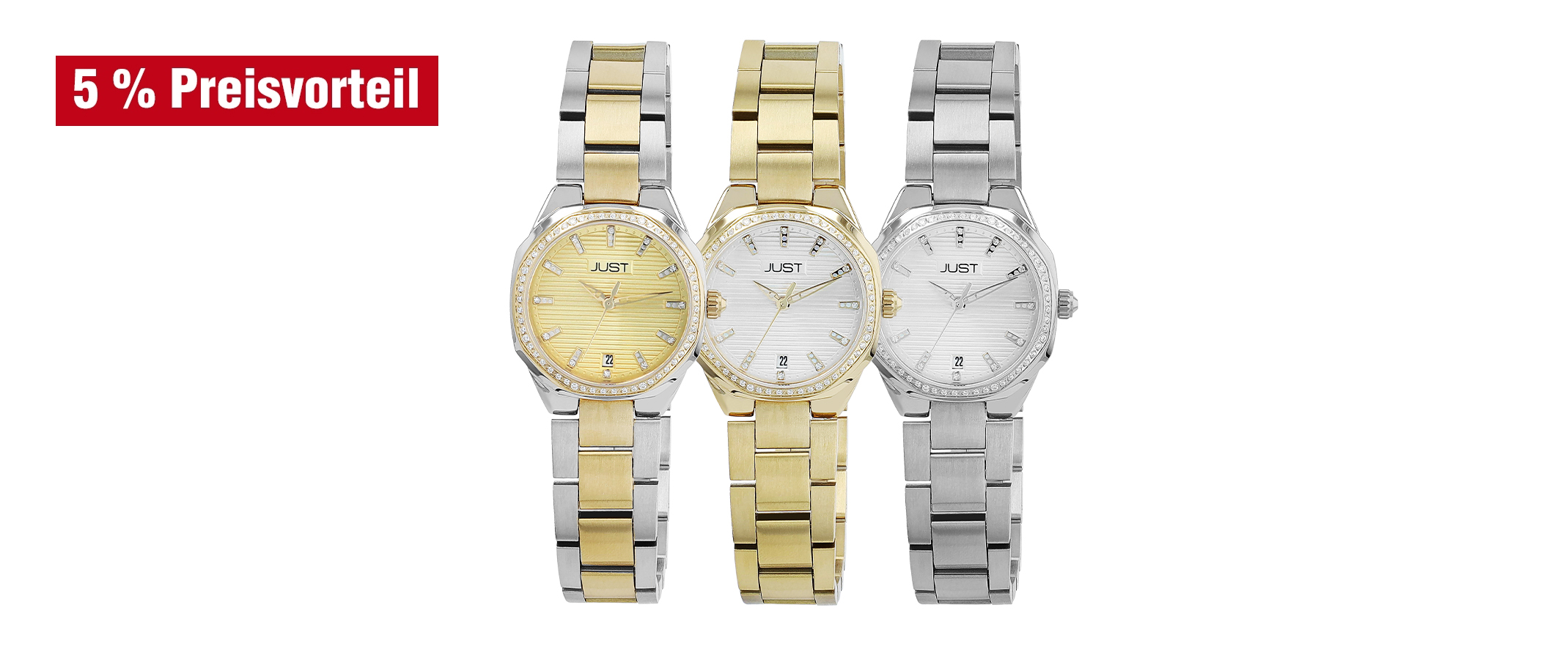 "Lovis" JUST Damenuhr mit Edelstahlarmband, Saphirglas im 3-Set