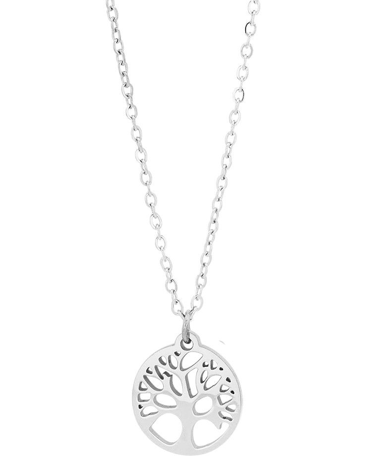 Accent halsketting "Junia", levensboom hanger, roestvrij staal, zilverkleurig