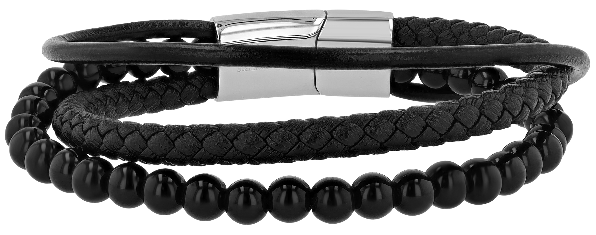 "Tatum" echt lederen armband + natuursteen (onyx), 21 cm