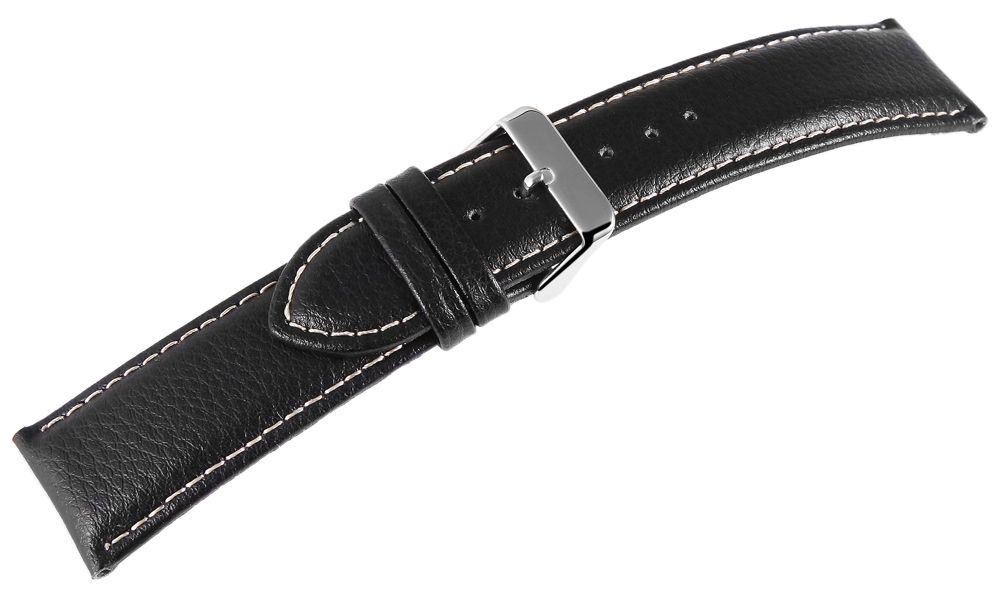 Echt lederen horlogeband, roestvrij stalen gesp, zwart met witte stiksels, 22 mm