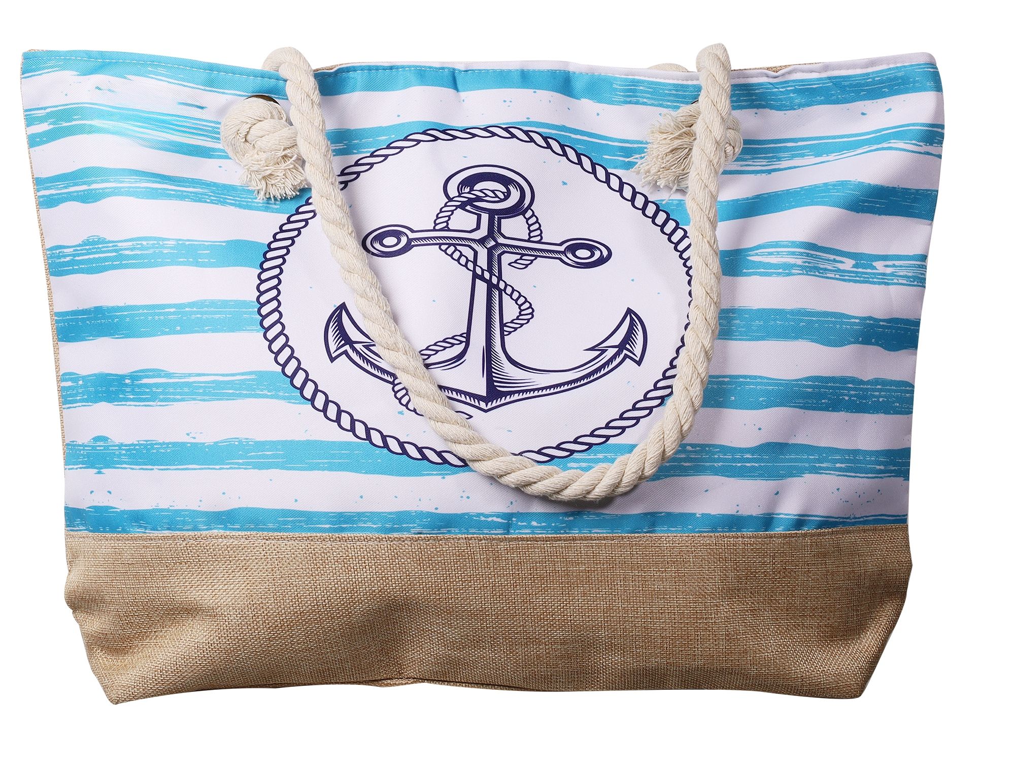 Strandtas met nautische motieven, lichtblauw/witte strepen
