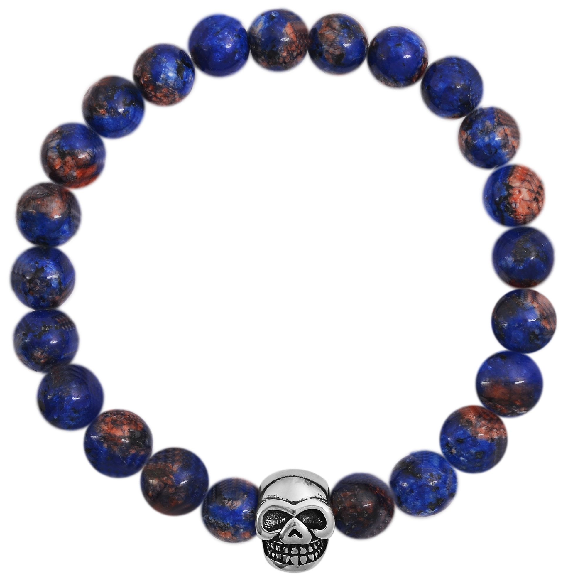 "Nubia" Naturstein Kugelarmband (blauer Lazulith) mit Edelstahlelement Totenkopf