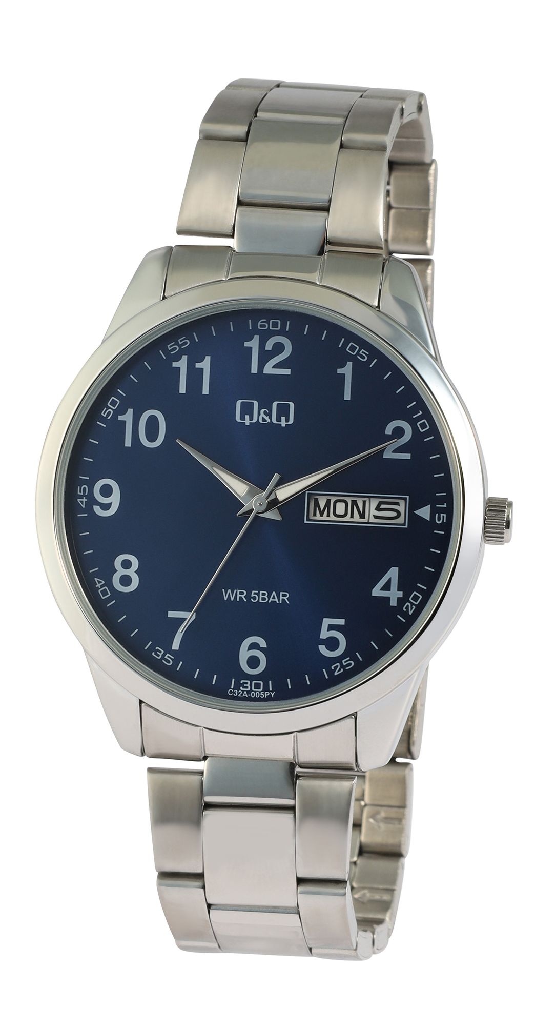 Q&amp;Q herenhorloge met roestvrijstalen schakelarmband, 5 ATM, zilverkleurig/ZB blauw