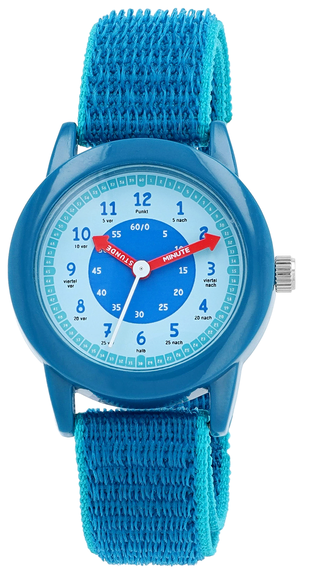 Qbos Kinderuhr/ Lernuhr Ø 32 mm mit Klettarmband, blau ("Sprech-Schrift" - 5-nach / 10-nach Lernhilfe)