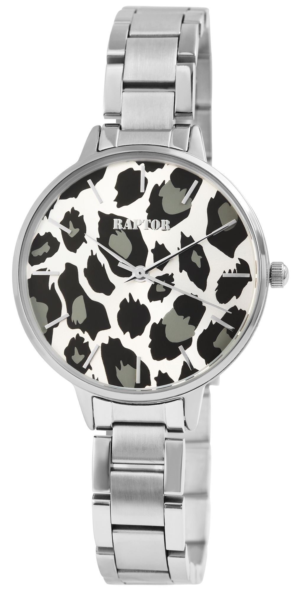 Raptor Damenuhr "Wild" mit Edelstahlarmband, Leoprint, silberfarben